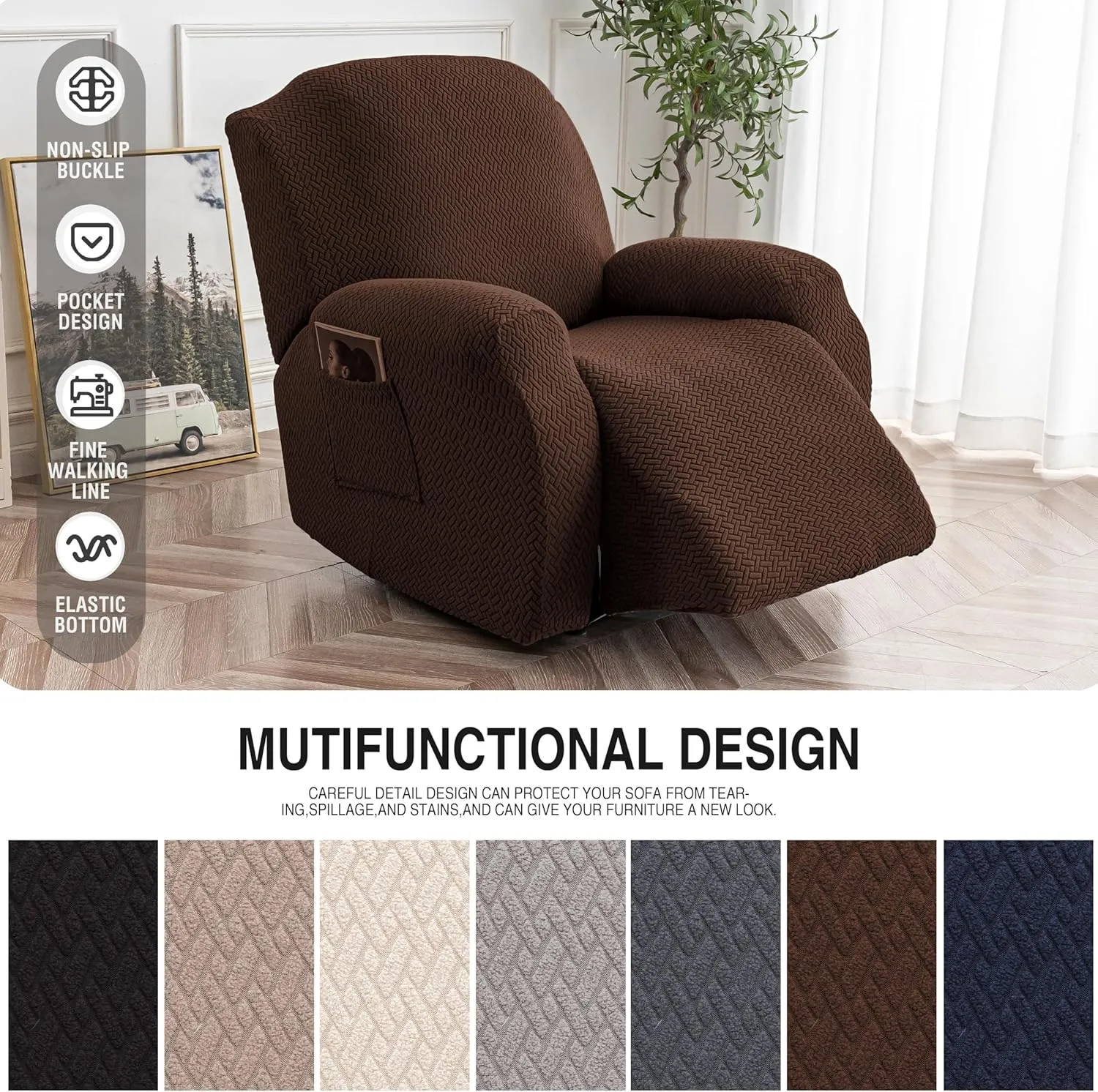 Genina Recliner Chair Covers, Stretch Reclining Chair Cover, Recliner Sofa Slipcovers Stripe Jacquard Lazy Couch Covers Furniture Protector Covers for Pet Kid (Chocolate, 1 Seat)