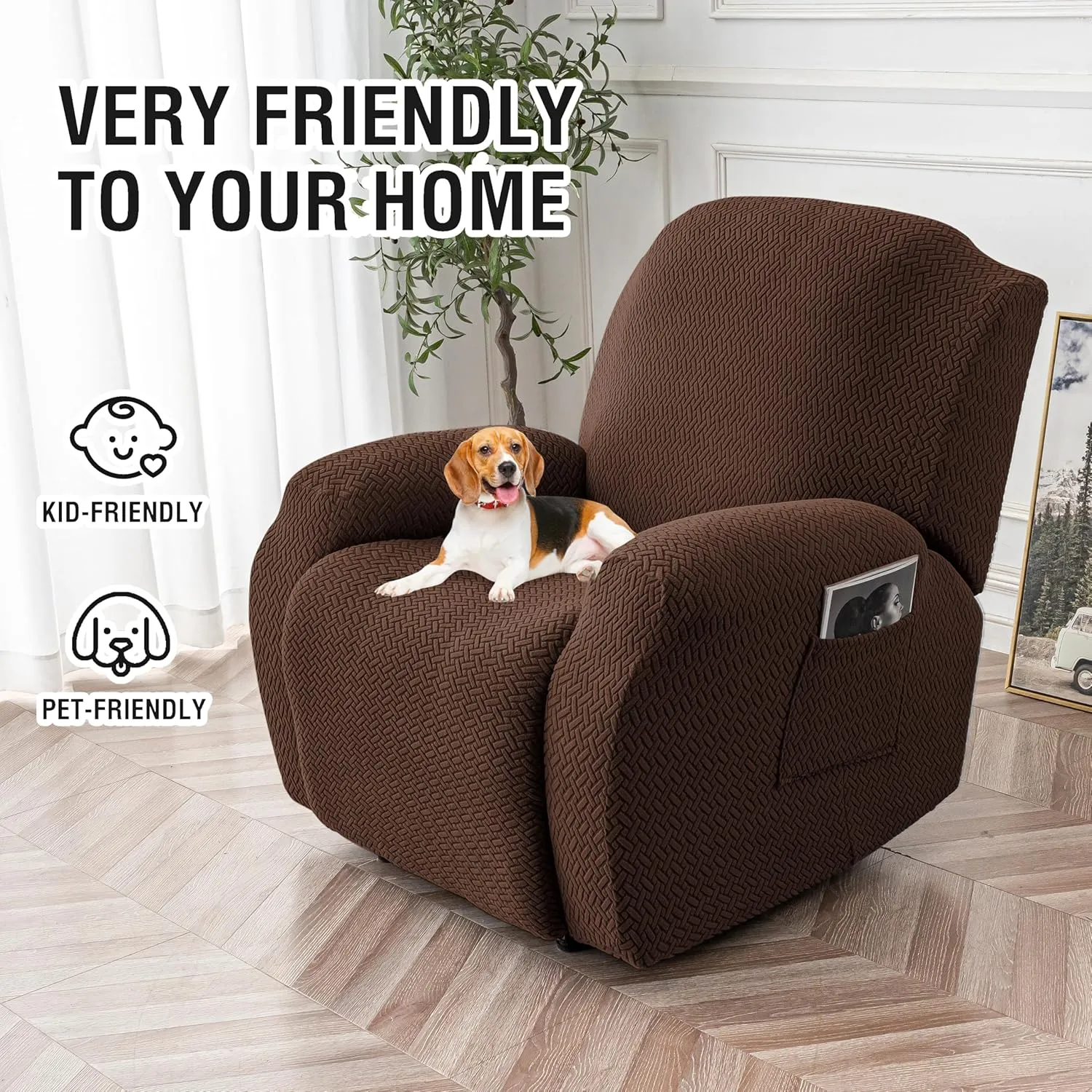 Genina Recliner Chair Covers, Stretch Reclining Chair Cover, Recliner Sofa Slipcovers Stripe Jacquard Lazy Couch Covers Furniture Protector Covers for Pet Kid (Chocolate, 1 Seat)