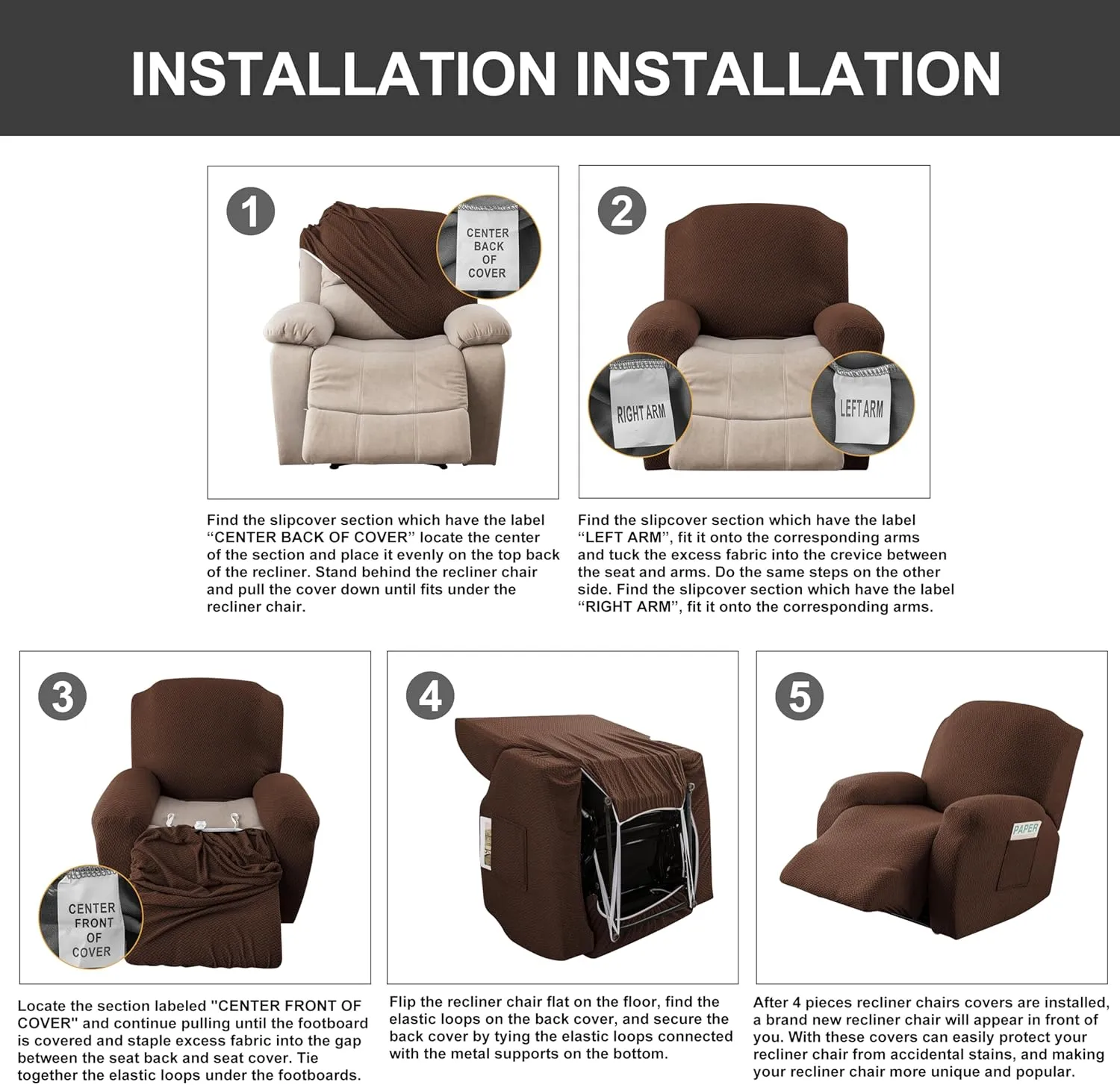 Genina Recliner Chair Covers, Stretch Reclining Chair Cover, Recliner Sofa Slipcovers Stripe Jacquard Lazy Couch Covers Furniture Protector Covers for Pet Kid (Chocolate, 1 Seat)