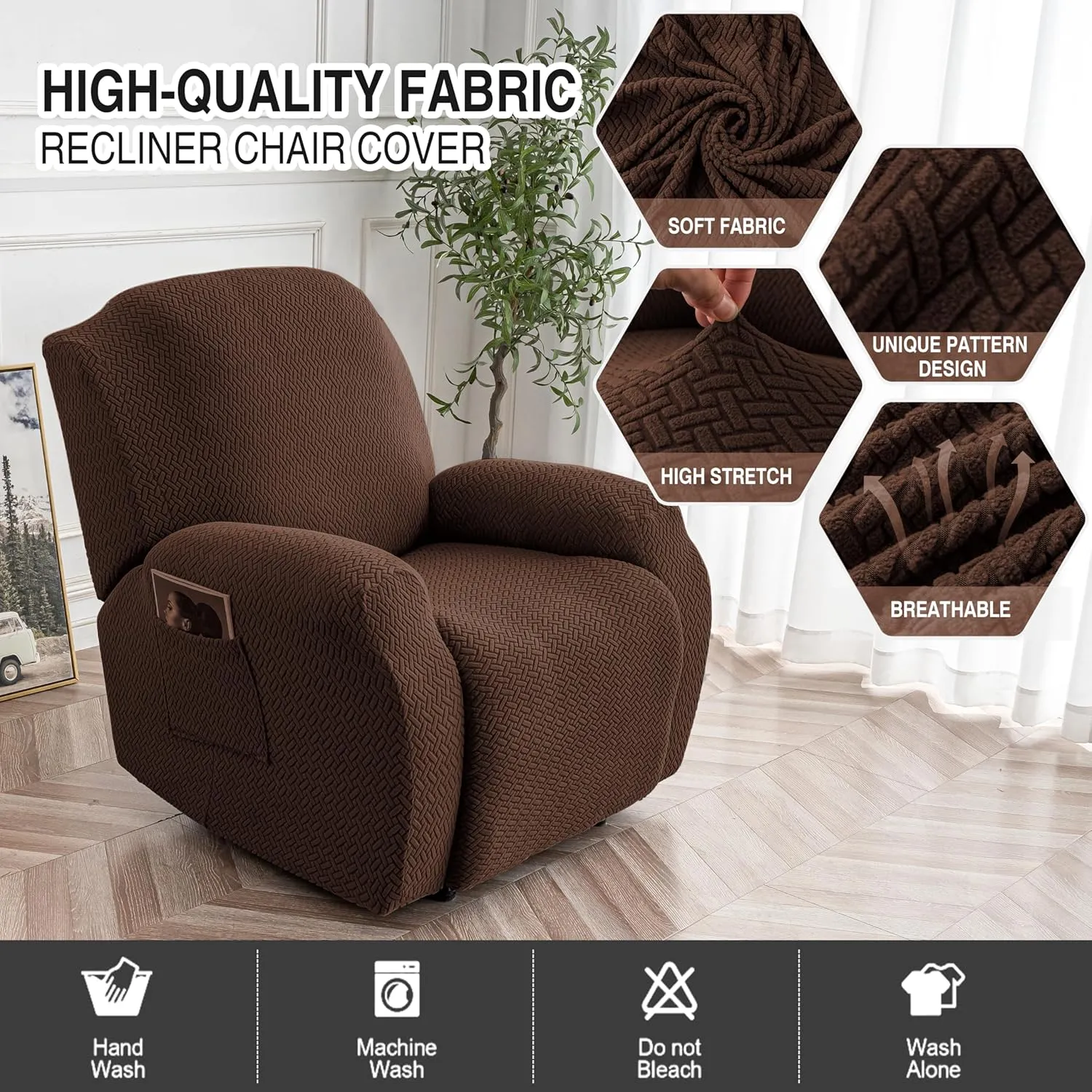 Genina Recliner Chair Covers, Stretch Reclining Chair Cover, Recliner Sofa Slipcovers Stripe Jacquard Lazy Couch Covers Furniture Protector Covers for Pet Kid (Chocolate, 1 Seat)