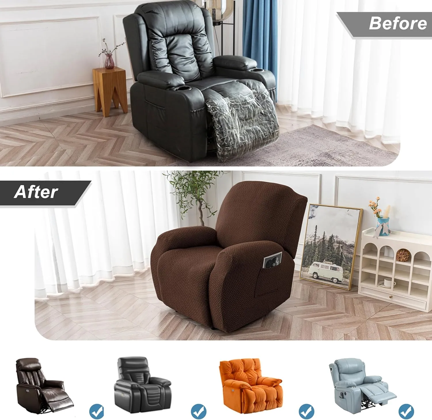 Genina Recliner Chair Covers, Stretch Reclining Chair Cover, Recliner Sofa Slipcovers Stripe Jacquard Lazy Couch Covers Furniture Protector Covers for Pet Kid (Chocolate, 1 Seat)