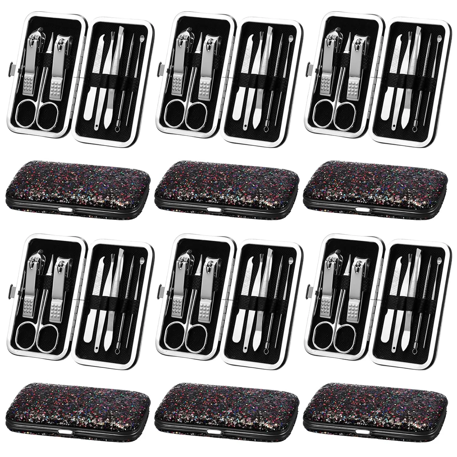 Geosar 12 Set 8 in 1 Manicure Set Stainless Steel Nail Clippers Kit Pedicure Care Tools with Leather Case Travel Grooming Kit Gift for Women Men(Glitter Dark Red)