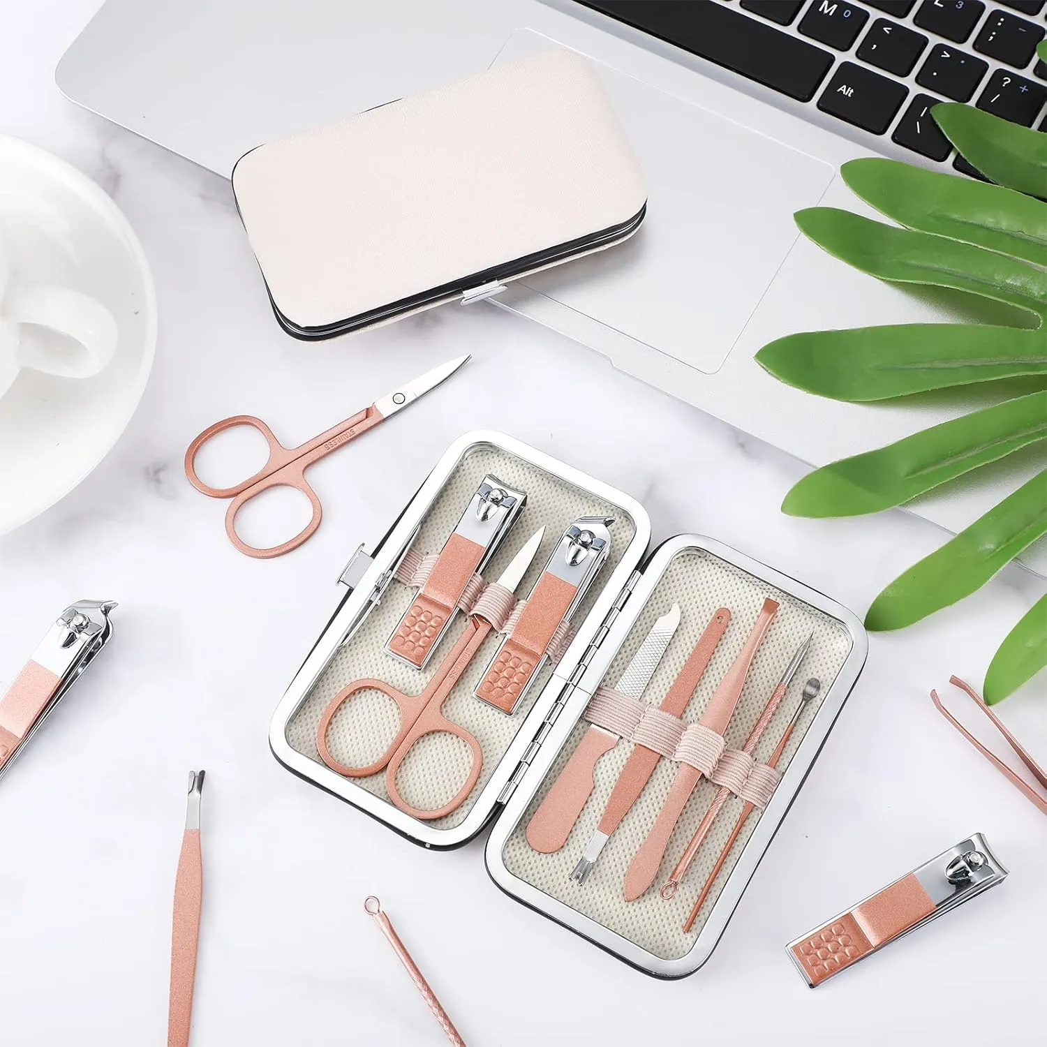 Geosar 12 Sets Manicure Set Nail Clippers Pedicure Kit 8 in 1 Stainless Steel Professional Grooming Kits Nail Care Tools with Travel Case for Men Women(Rose Gold)