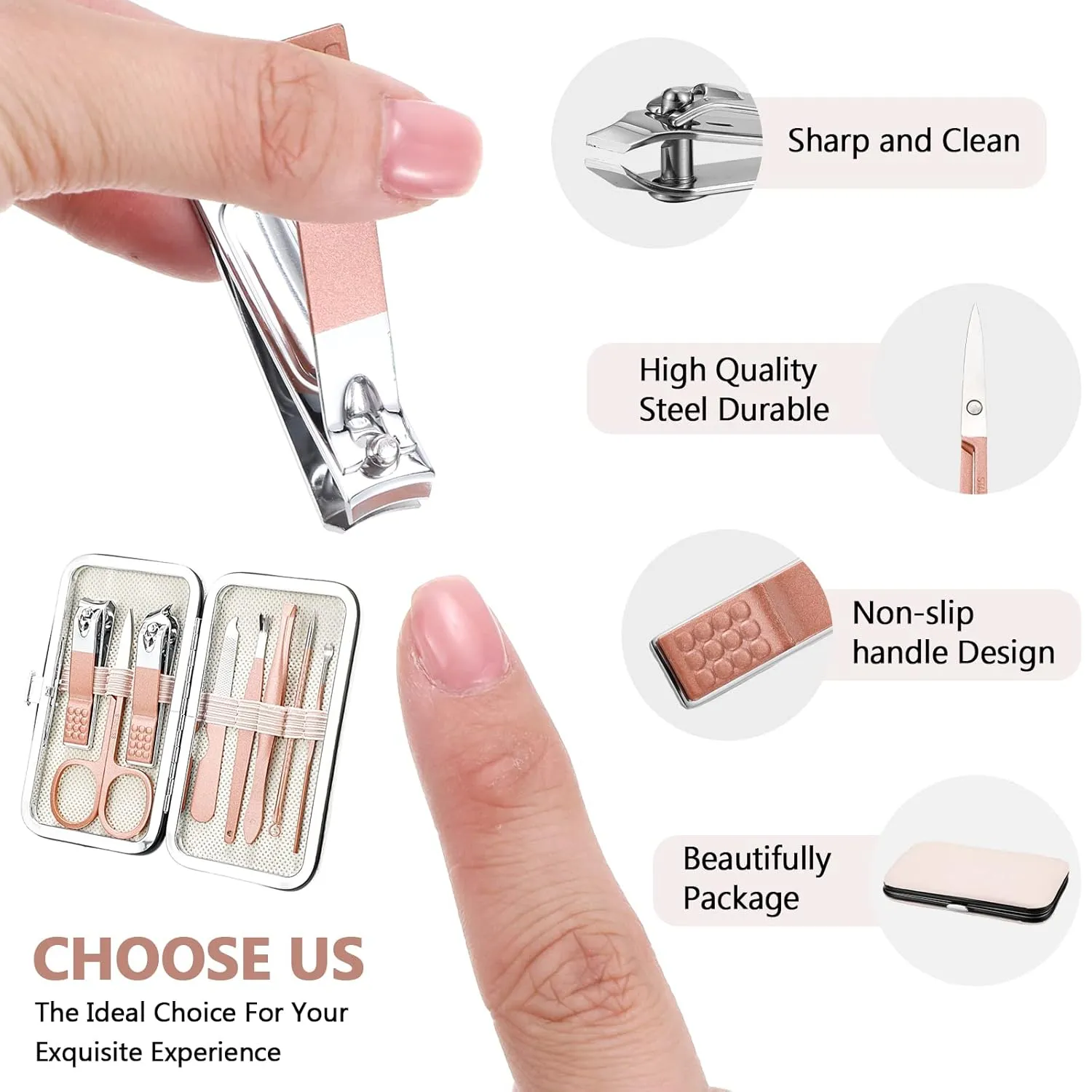 Geosar 12 Sets Manicure Set Nail Clippers Pedicure Kit 8 in 1 Stainless Steel Professional Grooming Kits Nail Care Tools with Travel Case for Men Women(Rose Gold)