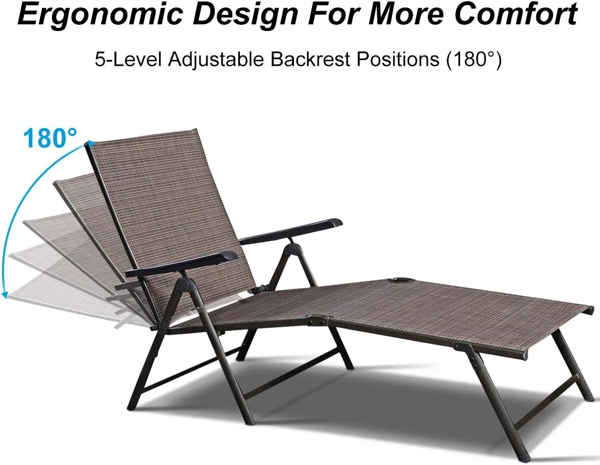 Giantex Chaise Lounge Chair Adjustable 5 Reclining Positions Folding Recliner Outdoor for Beach Yard Pool Patio Furniture Lounge Chaise (1, Brown)
