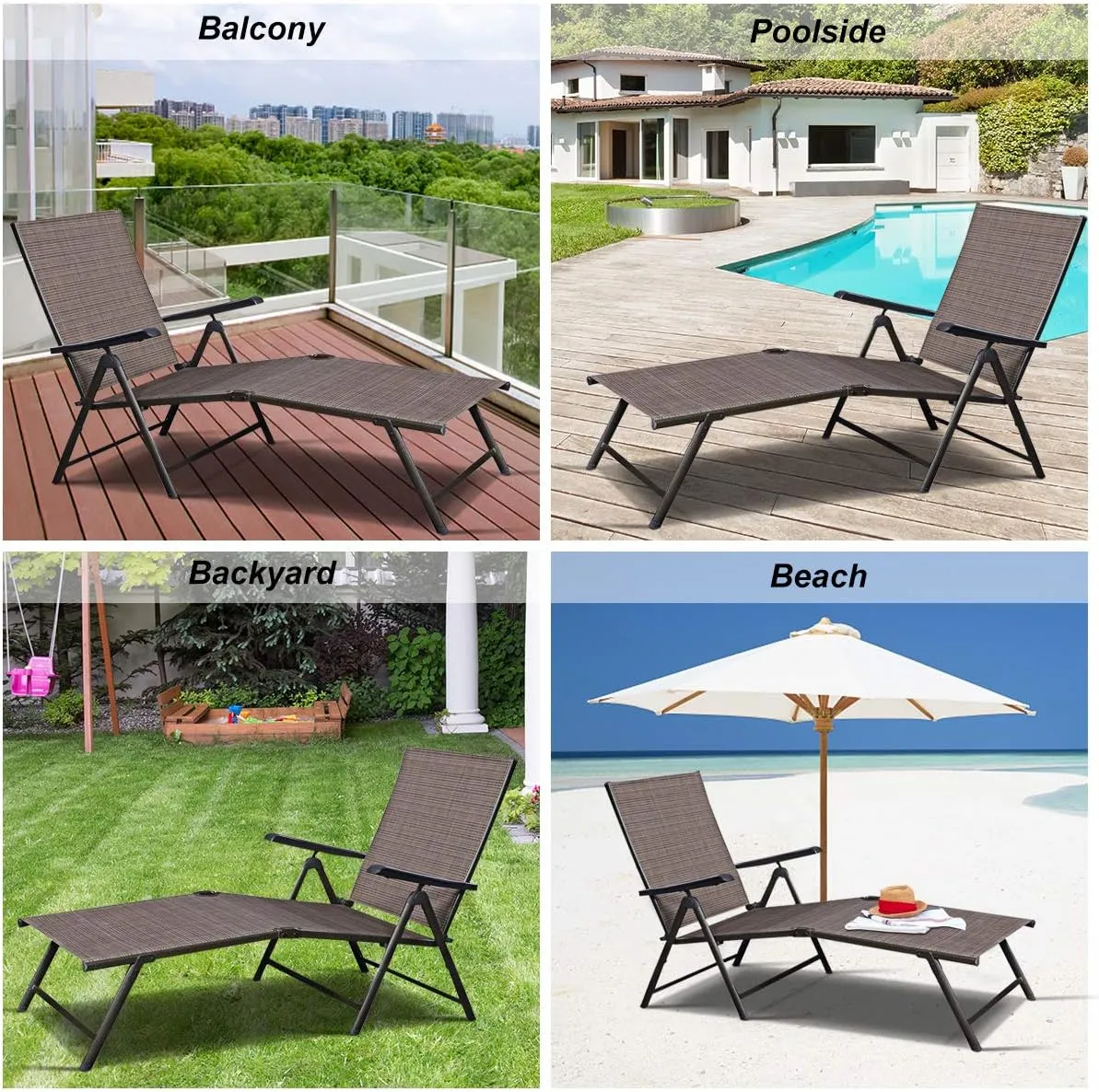 Giantex Chaise Lounge Chair Adjustable 5 Reclining Positions Folding Recliner Outdoor for Beach Yard Pool Patio Furniture Lounge Chaise (1, Brown)