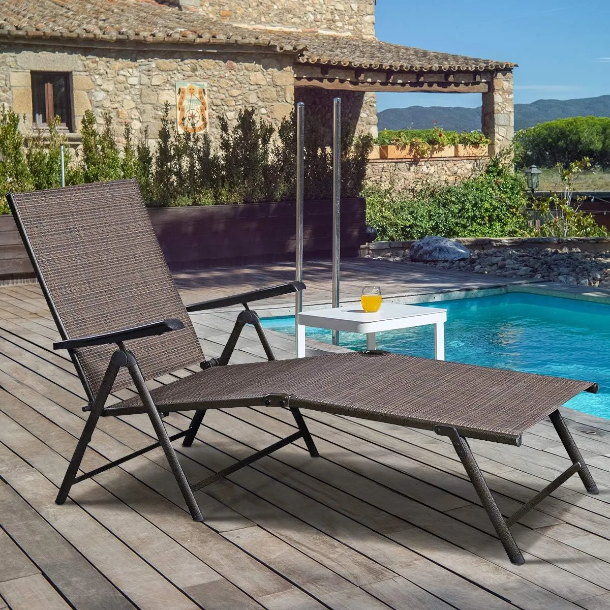 Giantex Chaise Lounge Chair Adjustable 5 Reclining Positions Folding Recliner Outdoor for Beach Yard Pool Patio Furniture Lounge Chaise (1, Brown)