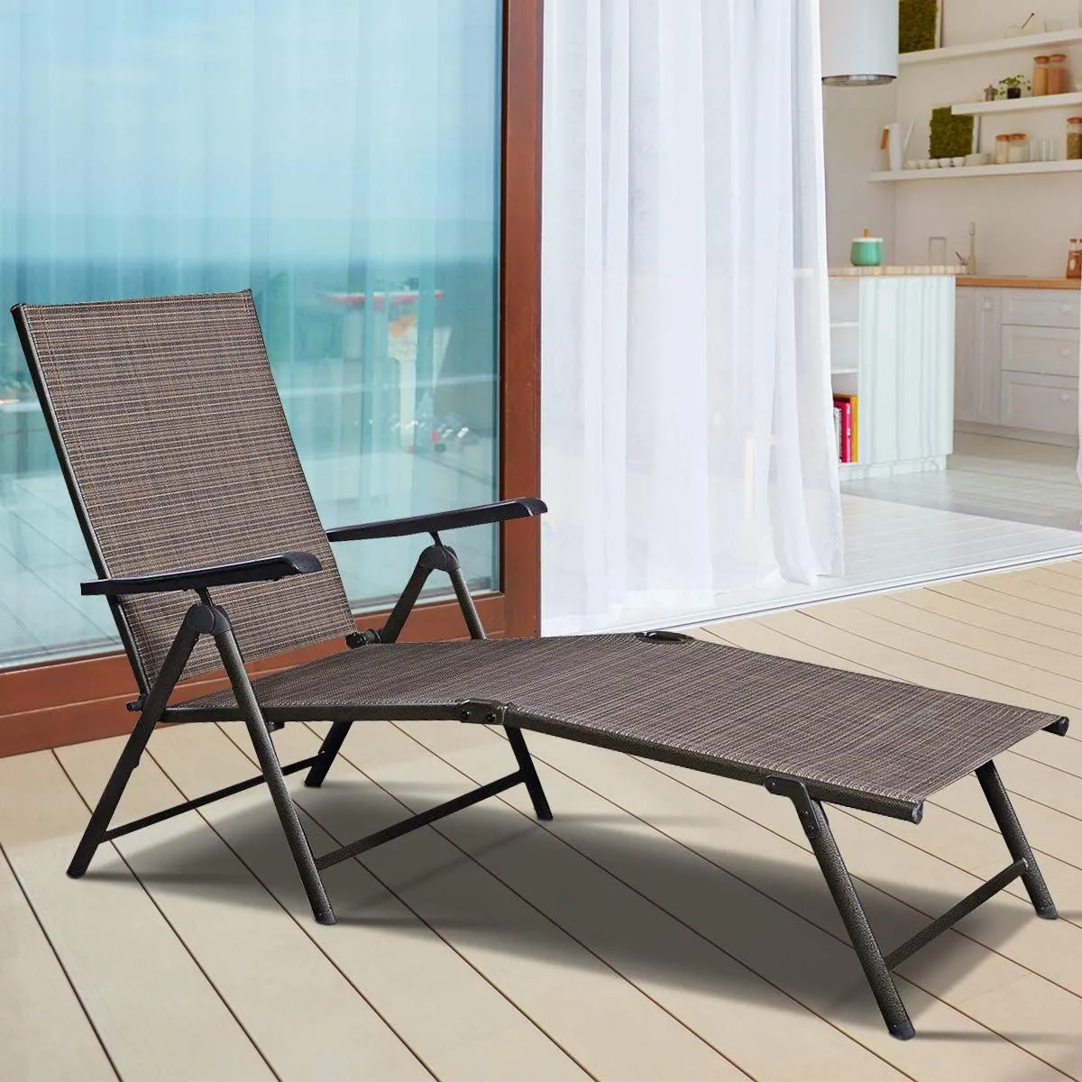 Giantex Chaise Lounge Chair Adjustable 5 Reclining Positions Folding Recliner Outdoor for Beach Yard Pool Patio Furniture Lounge Chaise (1, Brown)