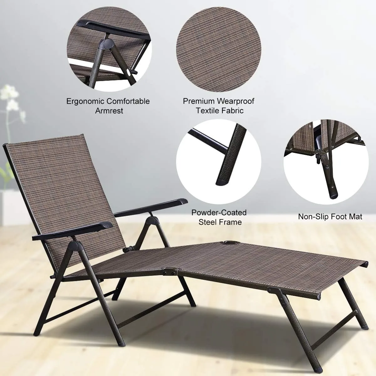 Giantex Chaise Lounge Chair Adjustable 5 Reclining Positions Folding Recliner Outdoor for Beach Yard Pool Patio Furniture Lounge Chaise (1, Brown)