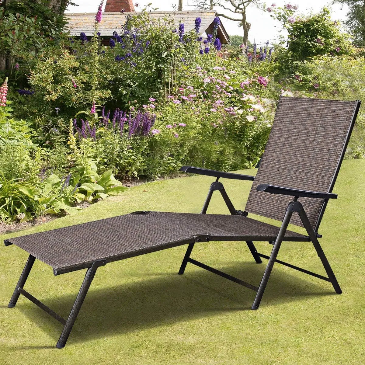 Giantex Chaise Lounge Chair Adjustable 5 Reclining Positions Folding Recliner Outdoor for Beach Yard Pool Patio Furniture Lounge Chaise (1, Brown)