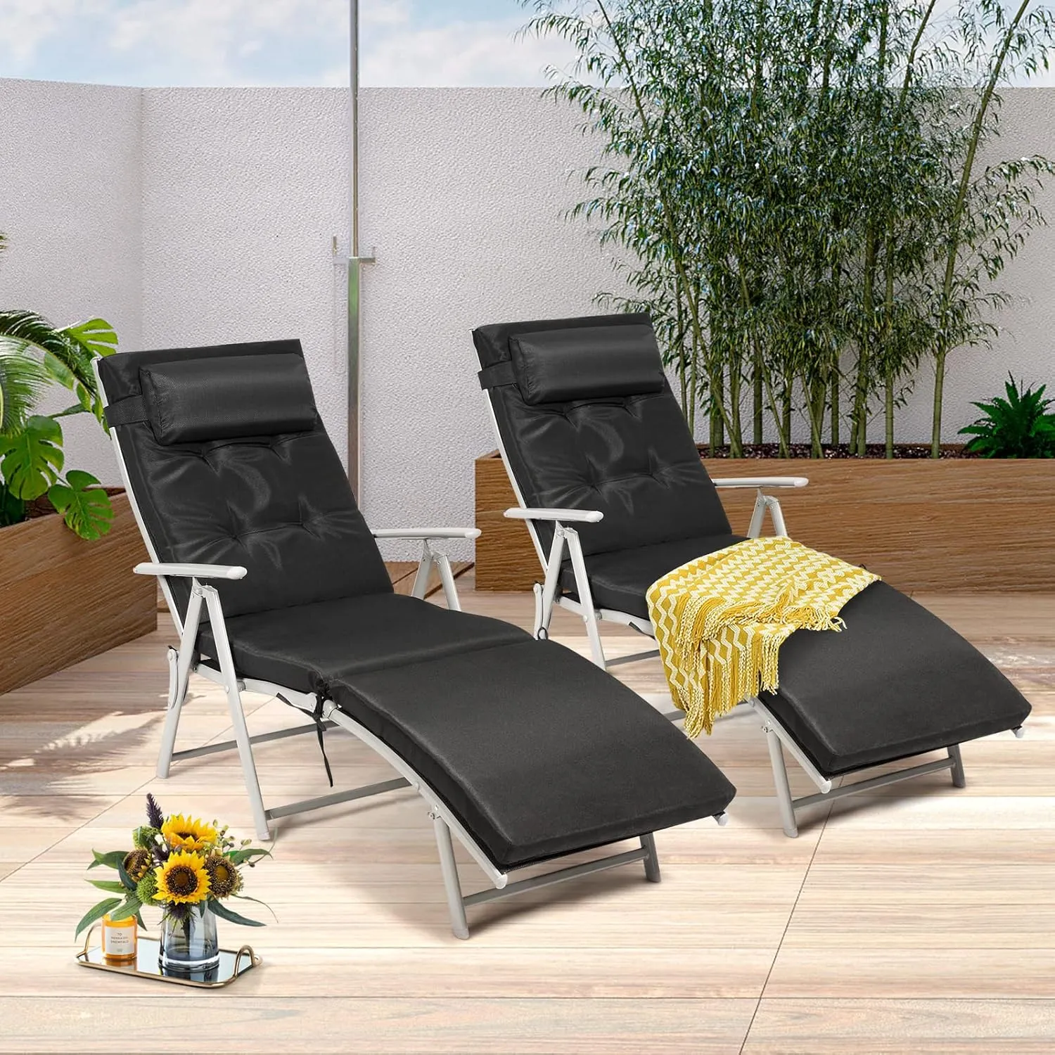 Giantex Chaise Lounge Chair for Outside, Pool Folding Reclining Beach Chair W/Removable Cushion&Headrest Pillow, Outdoor Lounge Chaise w/ 7 Backrest Positions, Portable Patio Lounger (1, Black)