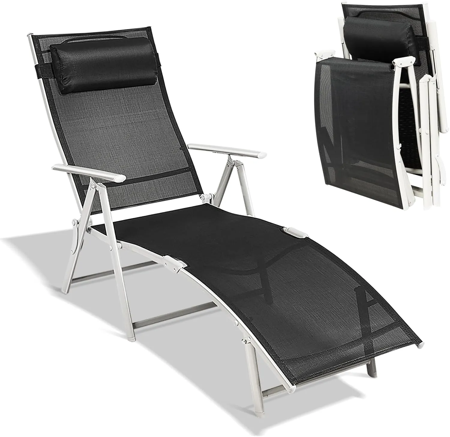 Giantex Chaise Lounge Chair for Outside, Pool Folding Reclining Beach Chair W/Removable Cushion&Headrest Pillow, Outdoor Lounge Chaise w/ 7 Backrest Positions, Portable Patio Lounger (1, Black)
