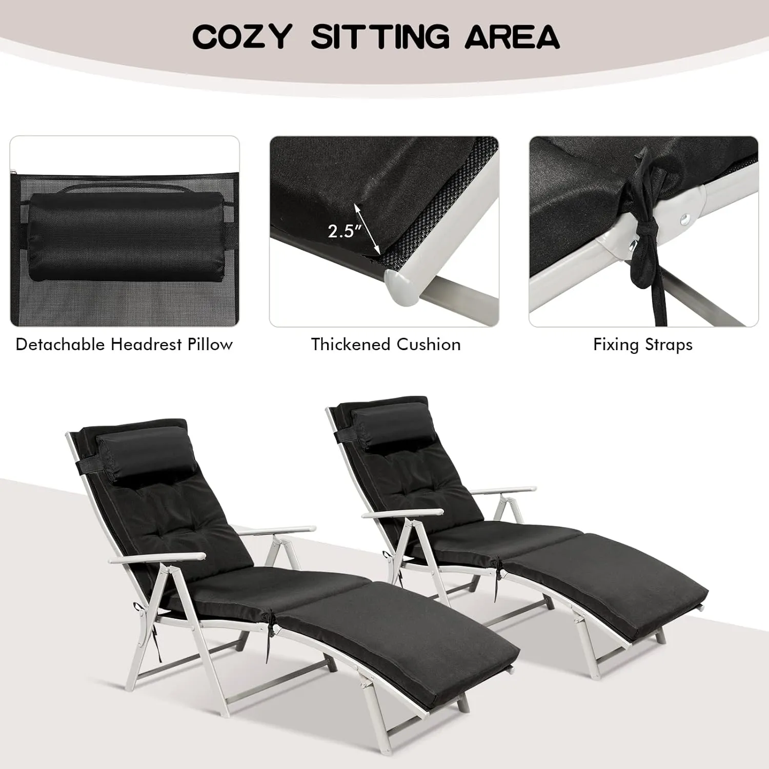 Giantex Chaise Lounge Chair for Outside, Pool Folding Reclining Beach Chair W/Removable Cushion&Headrest Pillow, Outdoor Lounge Chaise w/ 7 Backrest Positions, Portable Patio Lounger (1, Black)