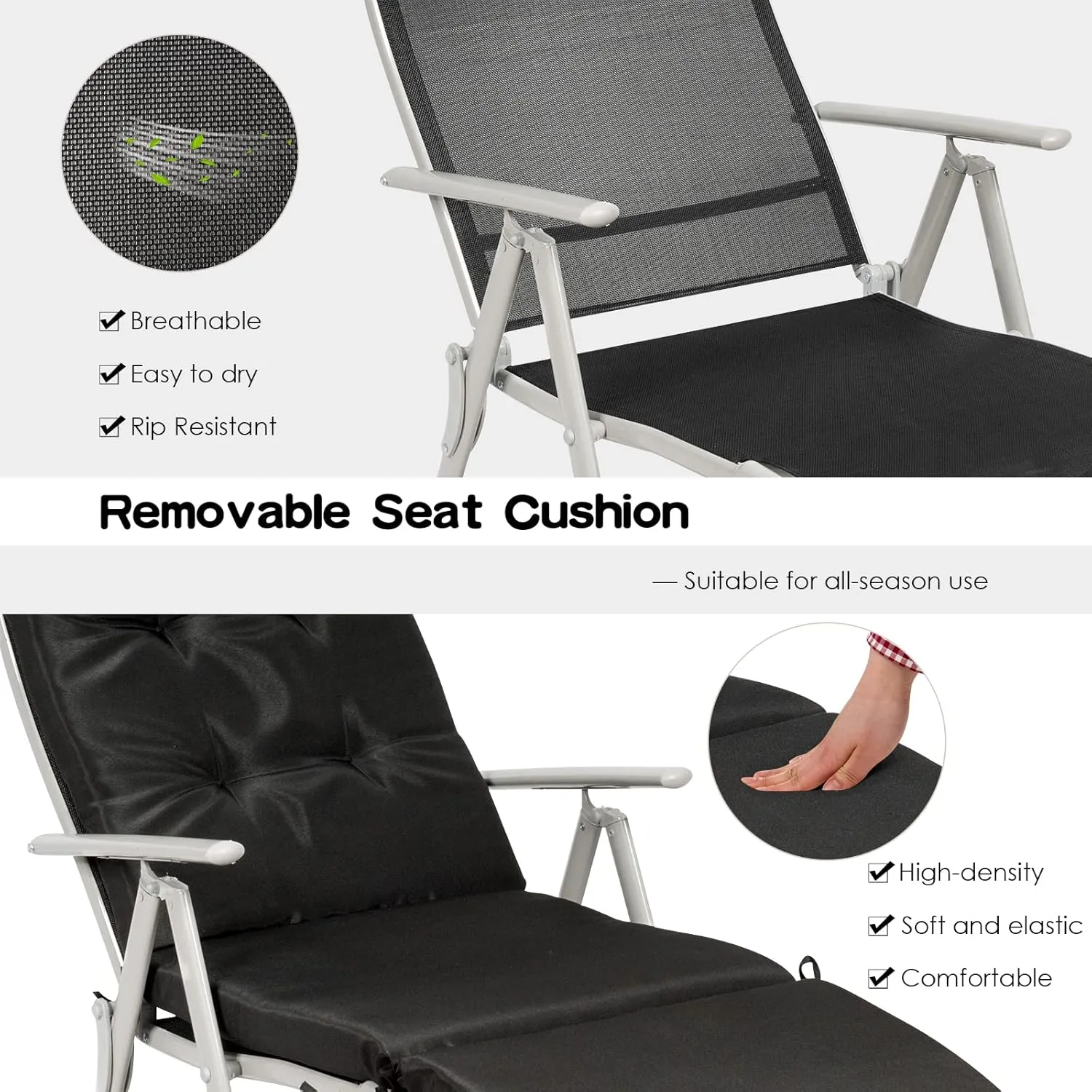 Giantex Chaise Lounge Chair for Outside, Pool Folding Reclining Beach Chair W/Removable Cushion&Headrest Pillow, Outdoor Lounge Chaise w/ 7 Backrest Positions, Portable Patio Lounger (1, Black)