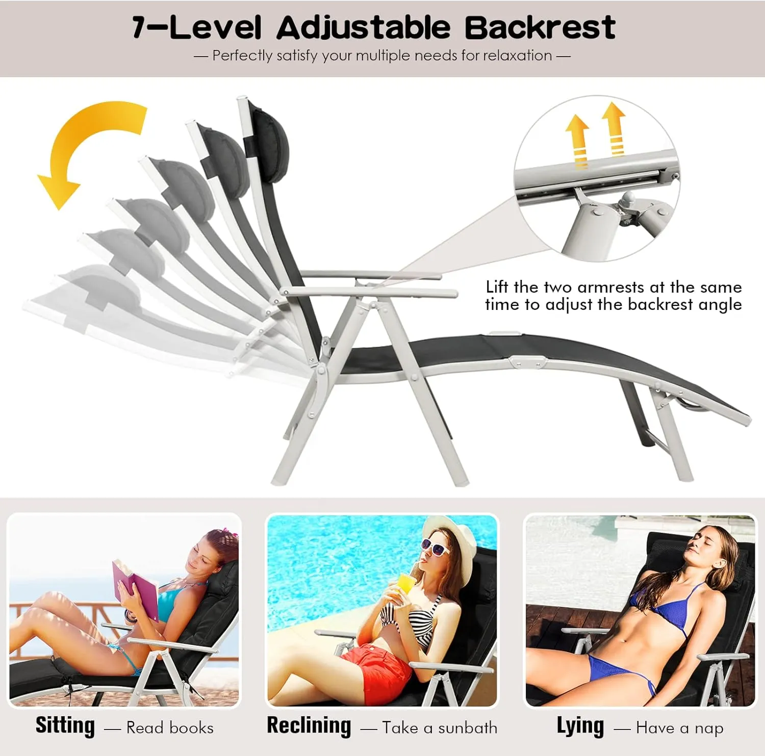 Giantex Chaise Lounge Chair for Outside, Pool Folding Reclining Beach Chair W/Removable Cushion&Headrest Pillow, Outdoor Lounge Chaise w/ 7 Backrest Positions, Portable Patio Lounger (1, Black)