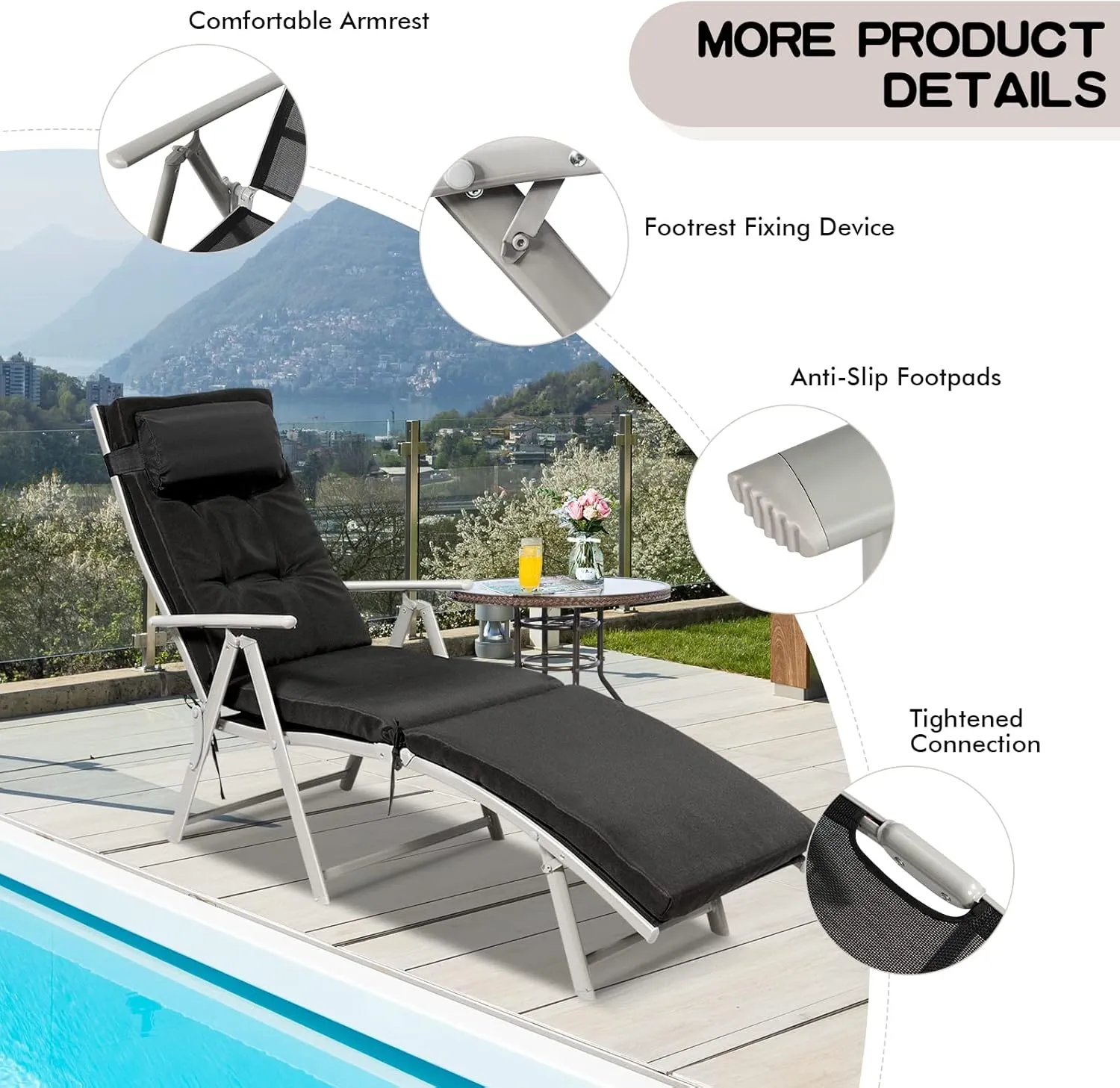 Giantex Chaise Lounge Chair for Outside, Pool Folding Reclining Beach Chair W/Removable Cushion&Headrest Pillow, Outdoor Lounge Chaise w/ 7 Backrest Positions, Portable Patio Lounger (1, Black)