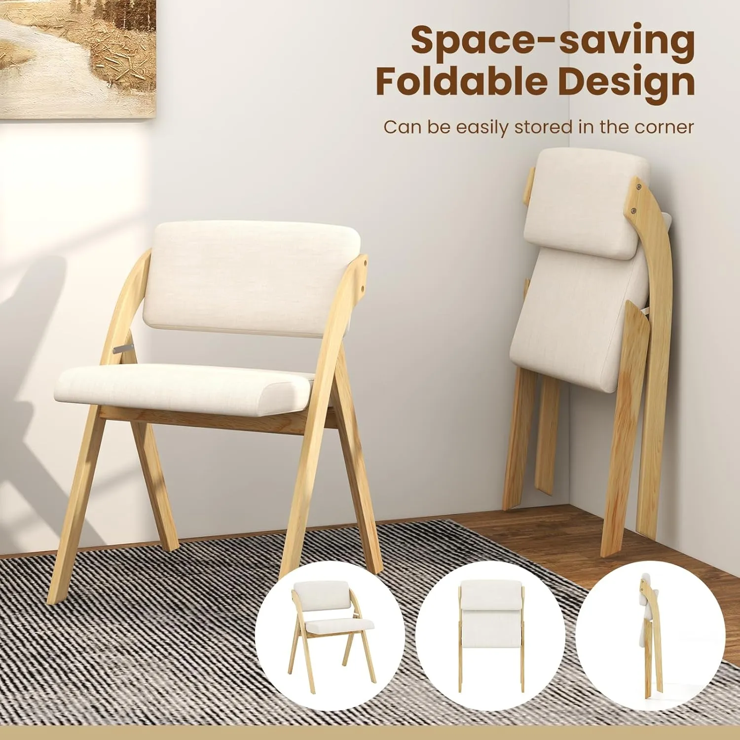 Giantex Folding Dining Chairs Set of 2, Upholstered Wooden Folding Chair 2 Pack, Portable Kitchen Chairs with Padded & Seat Backrest, Accent Chairs for Wedding Picnic Party, No Assembly, Natural