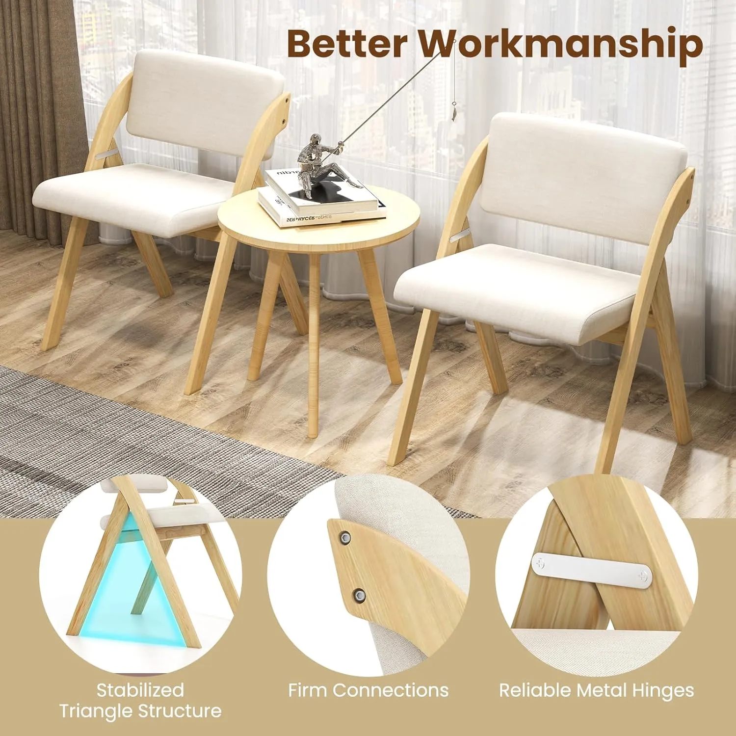Giantex Folding Dining Chairs Set of 2, Upholstered Wooden Folding Chair 2 Pack, Portable Kitchen Chairs with Padded & Seat Backrest, Accent Chairs for Wedding Picnic Party, No Assembly, Natural