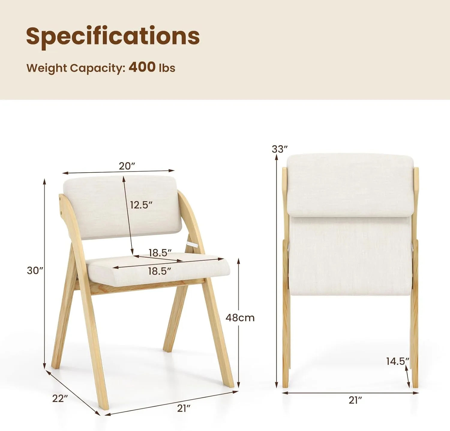 Giantex Folding Dining Chairs Set of 2, Upholstered Wooden Folding Chair 2 Pack, Portable Kitchen Chairs with Padded & Seat Backrest, Accent Chairs for Wedding Picnic Party, No Assembly, Natural