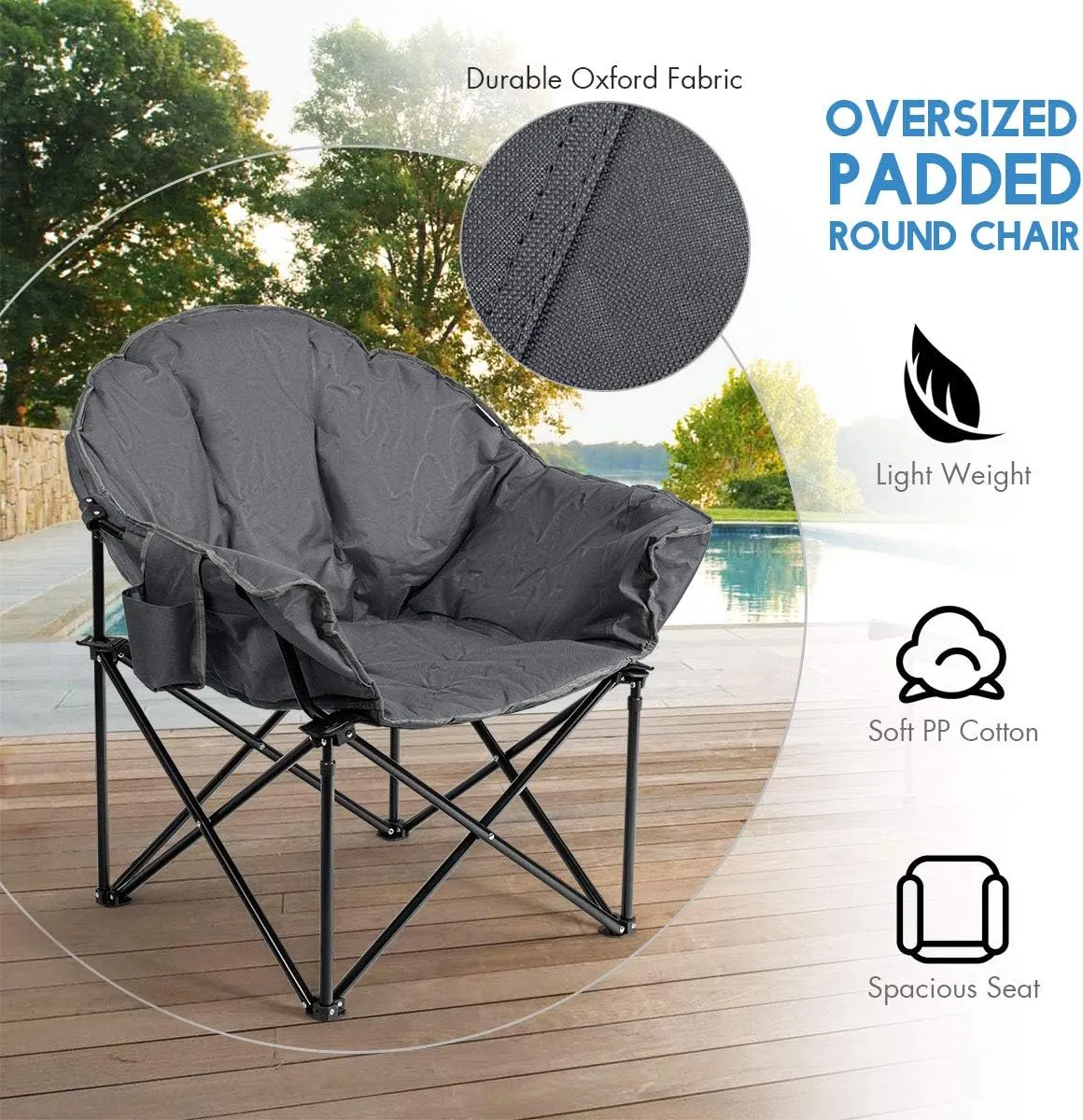 Giantex Portable Camping Chair, Outdoor Folding Moon Saucer Chair for Lawn with Soft Padded Seat, Cup Holder and Carry Bag