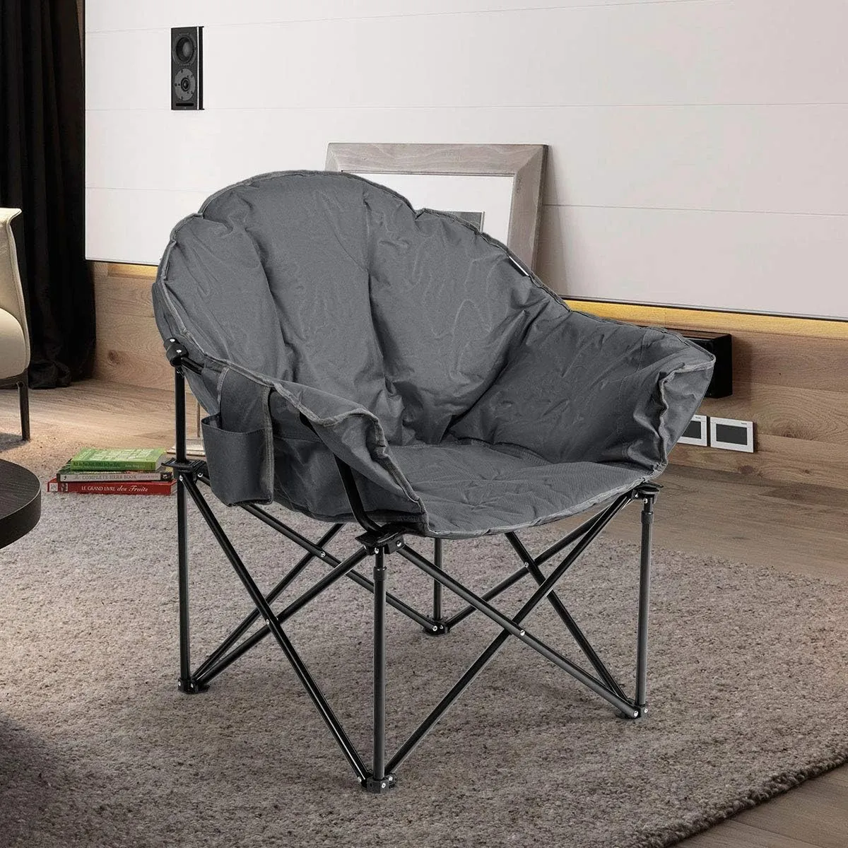Giantex Portable Camping Chair, Outdoor Folding Moon Saucer Chair for Lawn with Soft Padded Seat, Cup Holder and Carry Bag