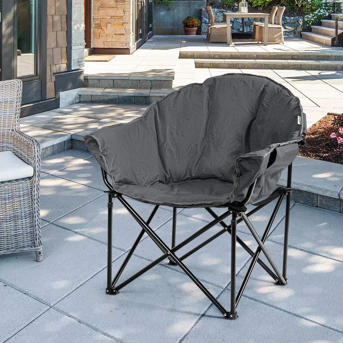 Giantex Portable Camping Chair, Outdoor Folding Moon Saucer Chair for Lawn with Soft Padded Seat, Cup Holder and Carry Bag