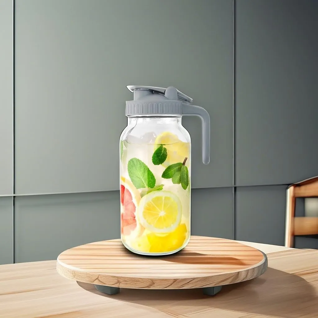 Glass Mason Jar Pitcher, 64 oz Wide Mouth Jug with Pour Spout Handle Lid for Cold Brew Coffee, Ice Beverage, Iced Juice, Lemonade, Sun Tea, Fruit Drinks Container