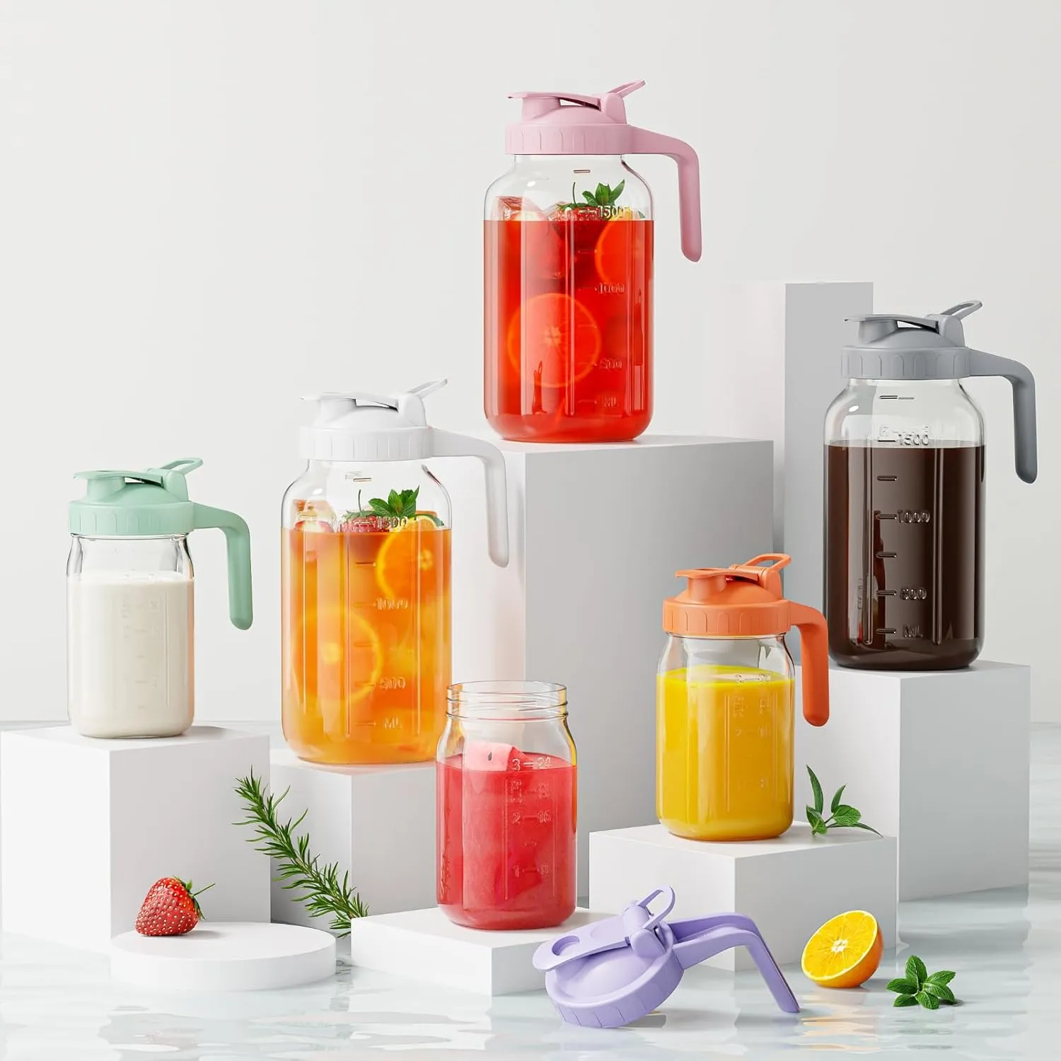 Glass Mason Jar Pitcher, 64 oz Wide Mouth Jug with Pour Spout Handle Lid for Cold Brew Coffee, Ice Beverage, Iced Juice, Lemonade, Sun Tea, Fruit Drinks Container