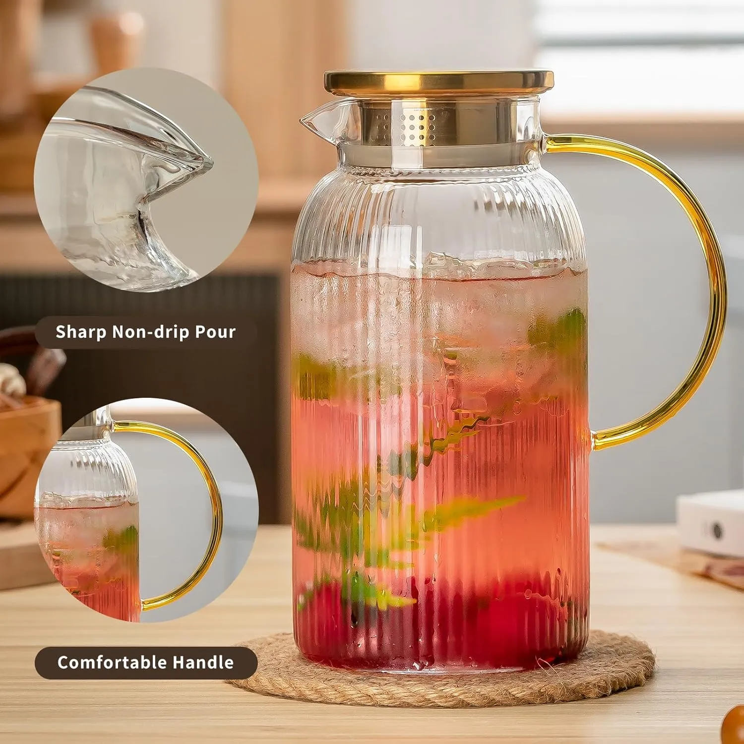 Glass Pitcher with Lid, 68 oz/2 Liter Classic Vertical Stripes Water Pitcher,Glass Water Carafe for Cold Brew, Coffee, Lemonade, Iced Sun Tea,Beverage,Milk, Heat Resistant