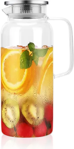 Glass Pitcher with Lid, BOQO 68oz Glass Carafe for Hot/Cold Beverages,Iced Tea Pitcher, Large Clear Glass Water Carafe with Lid and Handle for Juice and Homemade Beverage