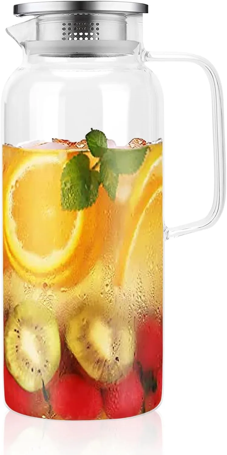 Glass Pitcher with Lid, BOQO 68oz Glass Carafe for Hot/Cold Beverages,Iced Tea Pitcher, Large Clear Glass Water Carafe with Lid and Handle for Juice and Homemade Beverage