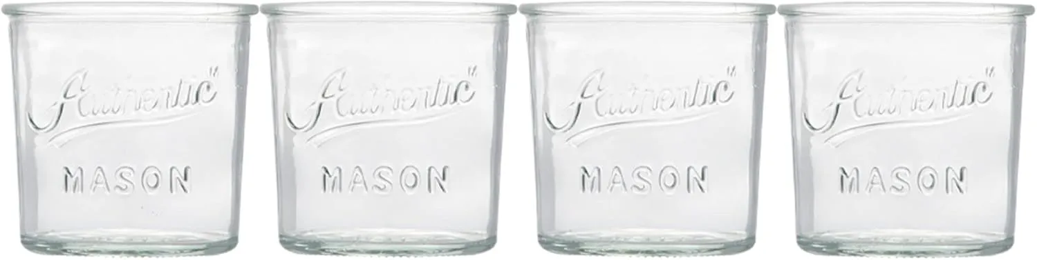 Glaver's Embossed Vintage Drinking Glasses Set of 4 Authentic Mason Vintage Glassware - 12 oz. Clear Glass Tumblers for Cocktails, Water, and Juice.