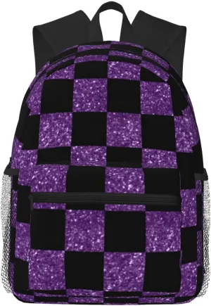 Glitter Purple And Black Checkered Pattern Lightweight Packable Backpack Travel Casual Hiking Daypack Foldable Backpack For Men Women
