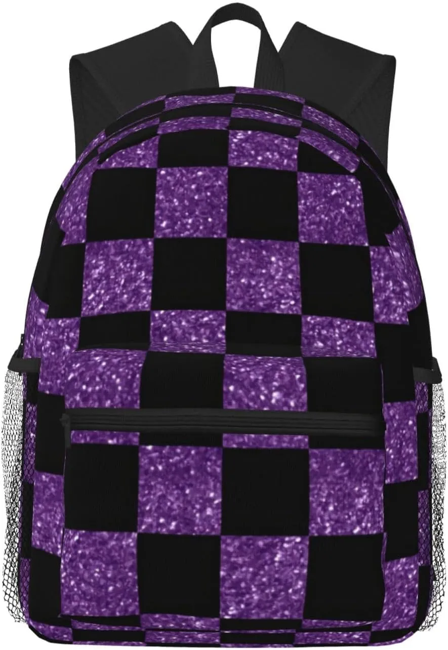 Glitter Purple And Black Checkered Pattern Lightweight Packable Backpack Travel Casual Hiking Daypack Foldable Backpack For Men Women