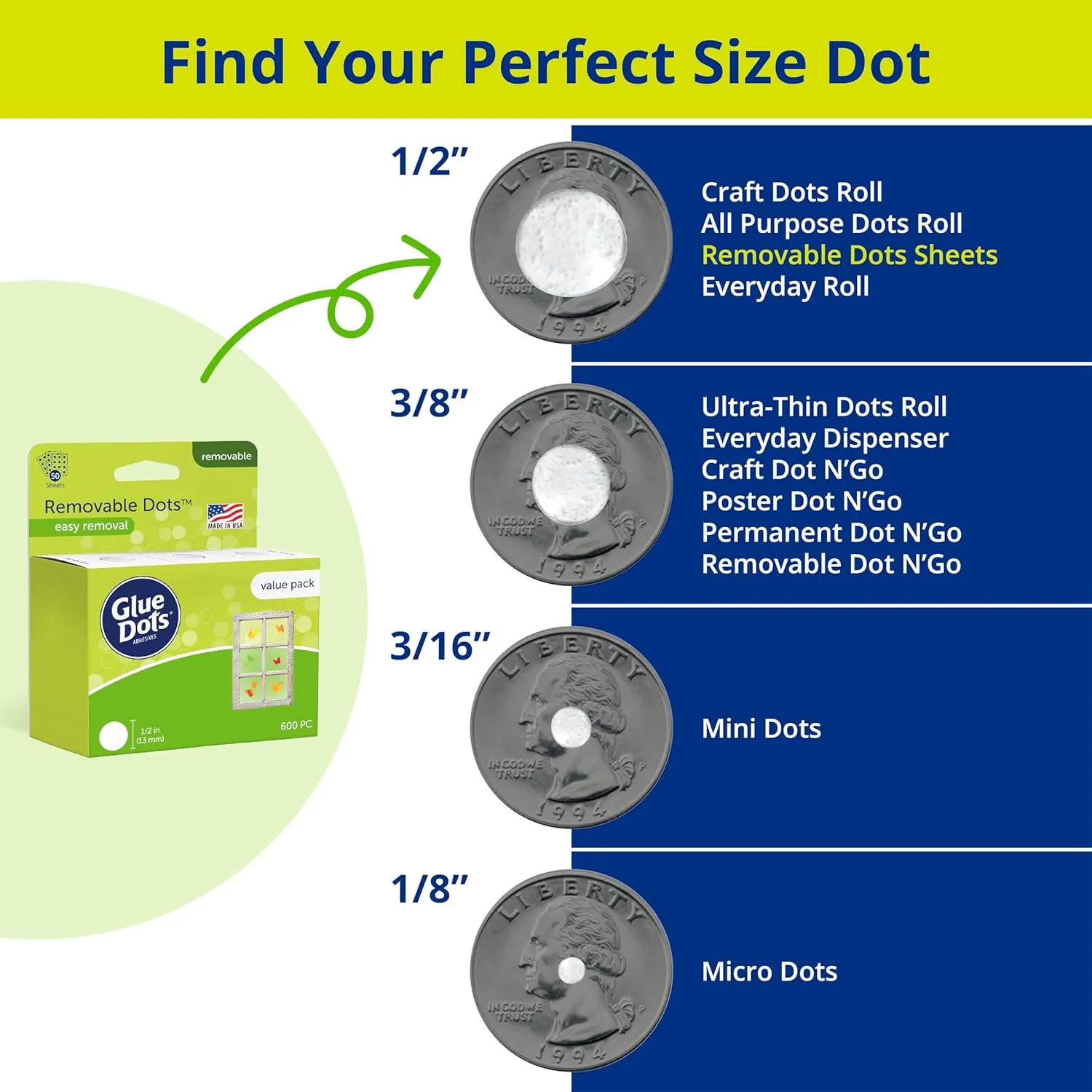 Glue Dots, Removable Dots Value Pack, Double-Sided, 1/2", .5 Inch, 600 Dots, DIY Craft Glue Tape, Sticky Adhesive Glue Points, Liquid Hot Glue Alternative, Clear
