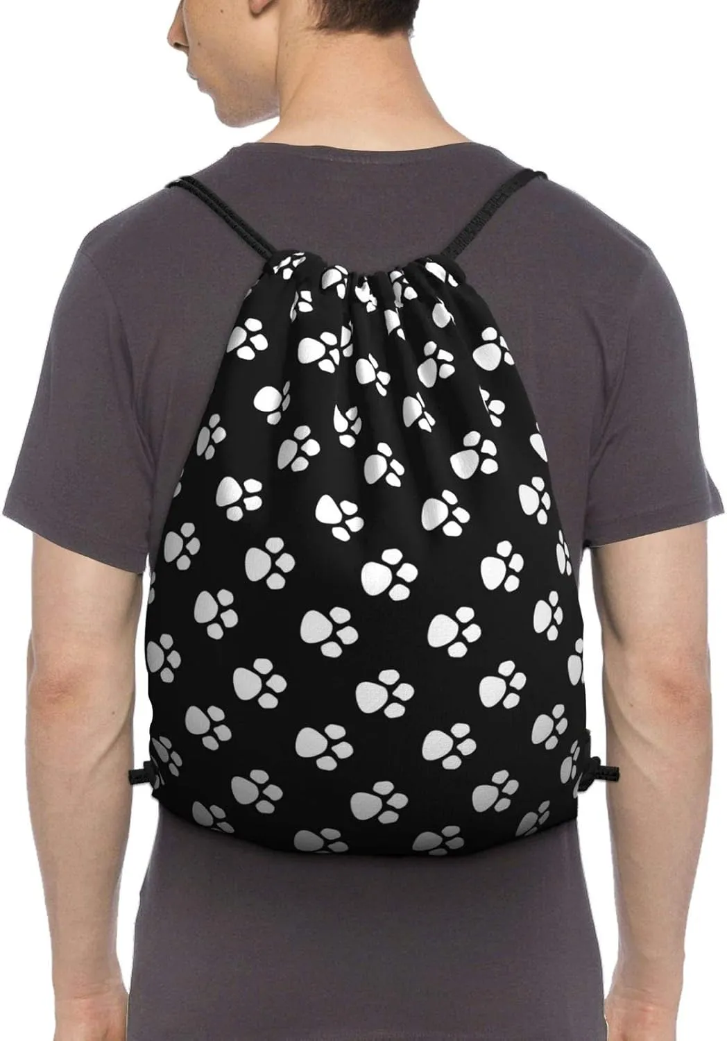 Gocerktr Black And White Paw Print Drawstring Backpack Waterproof Lightweight String Bag For Outdoor Yoga Gym Swimming Travel