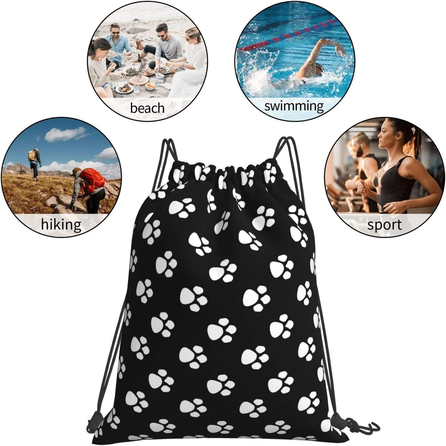 Gocerktr Black And White Paw Print Drawstring Backpack Waterproof Lightweight String Bag For Outdoor Yoga Gym Swimming Travel