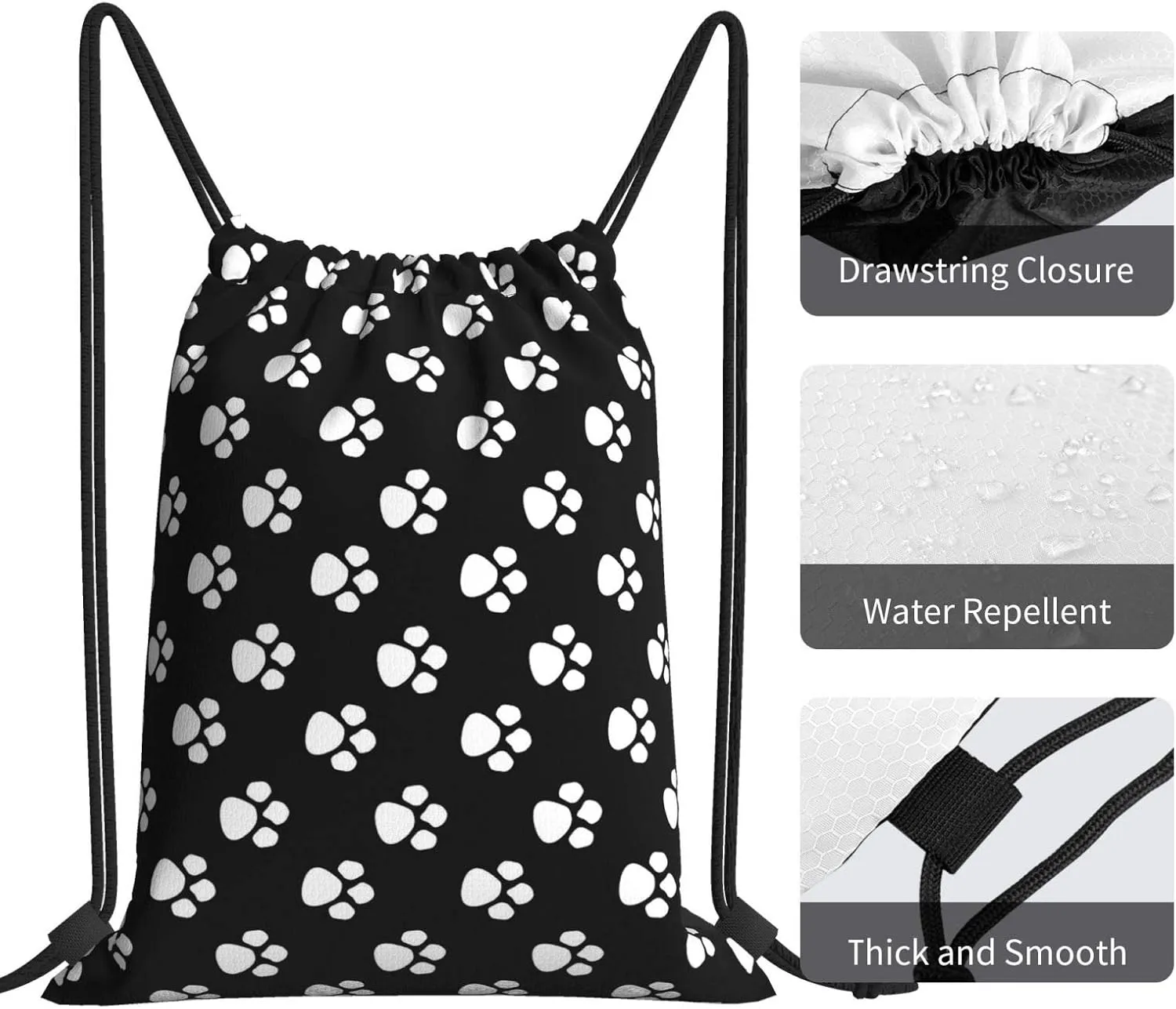 Gocerktr Black And White Paw Print Drawstring Backpack Waterproof Lightweight String Bag For Outdoor Yoga Gym Swimming Travel