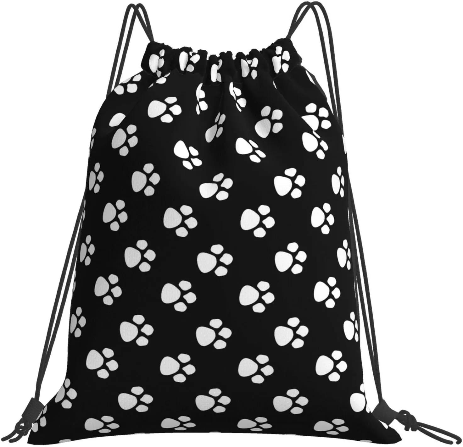 Gocerktr Black And White Paw Print Drawstring Backpack Waterproof Lightweight String Bag For Outdoor Yoga Gym Swimming Travel