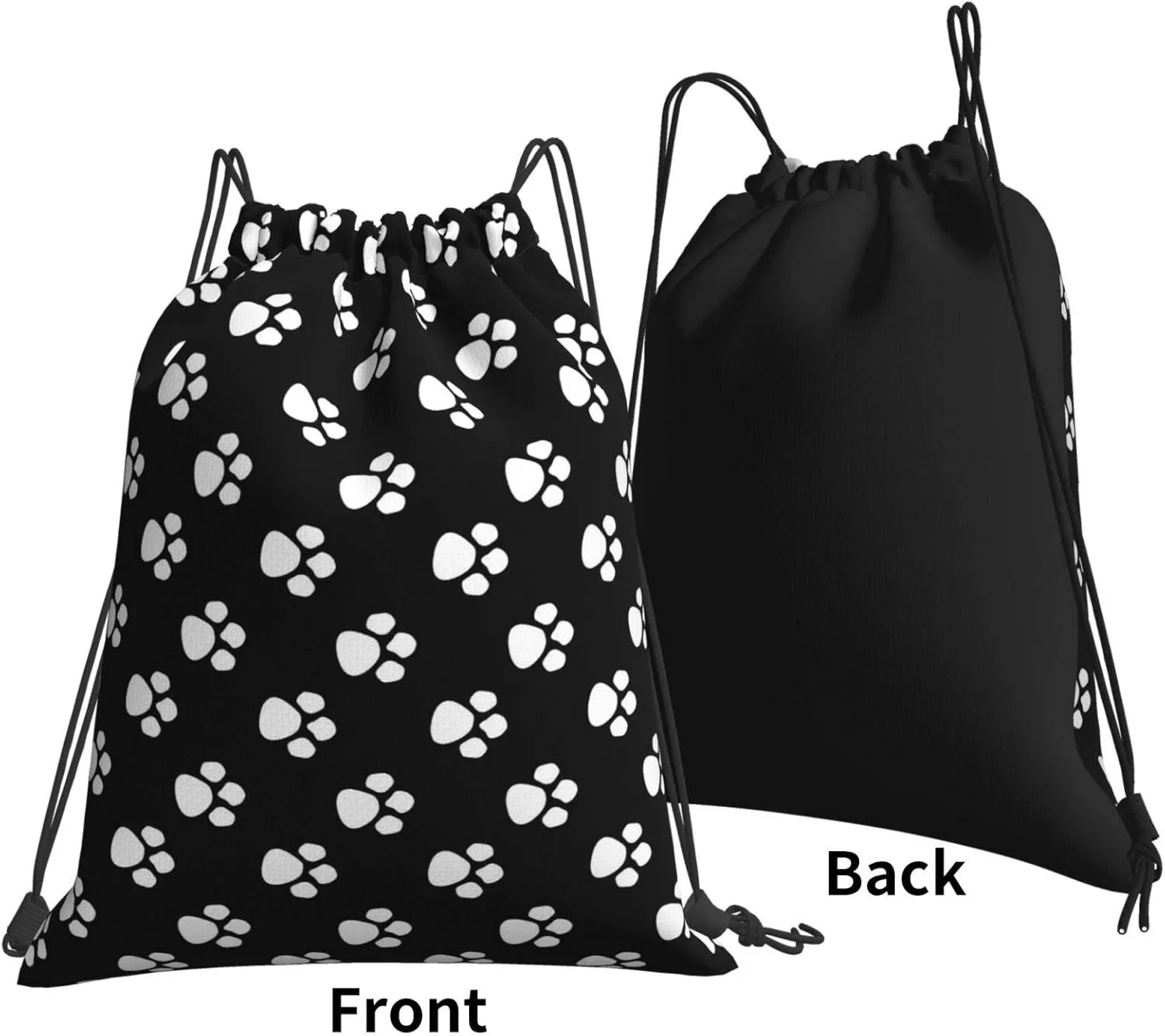 Gocerktr Black And White Paw Print Drawstring Backpack Waterproof Lightweight String Bag For Outdoor Yoga Gym Swimming Travel