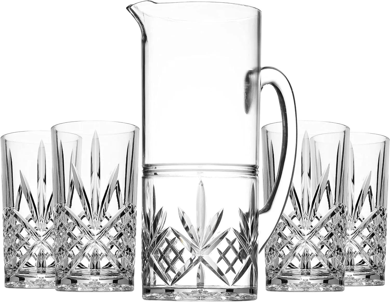 Godinger Pitcher and Highball Drinking Glasses Set, Acrylic Shatterproof Water Jug Pitcher with Tall Drinking Cups - Dublin Collection