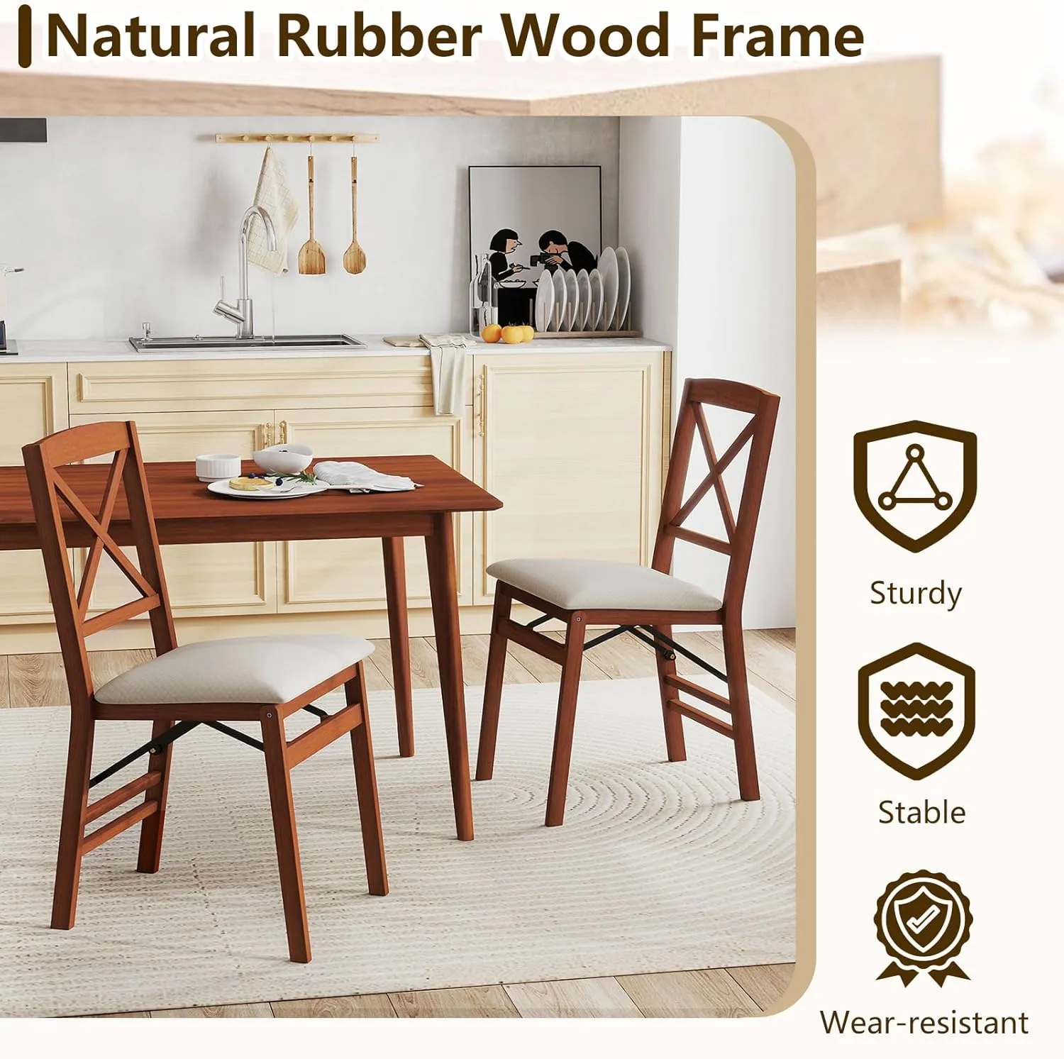 GOFLAME Folding Dining Chairs Set of 4, Foldable Chairs with Padded Seat & High Backrest, 4 Pack Kitchen Chairs, Wooden Dining Chairs for Living Room, Kitchen, Restaurant