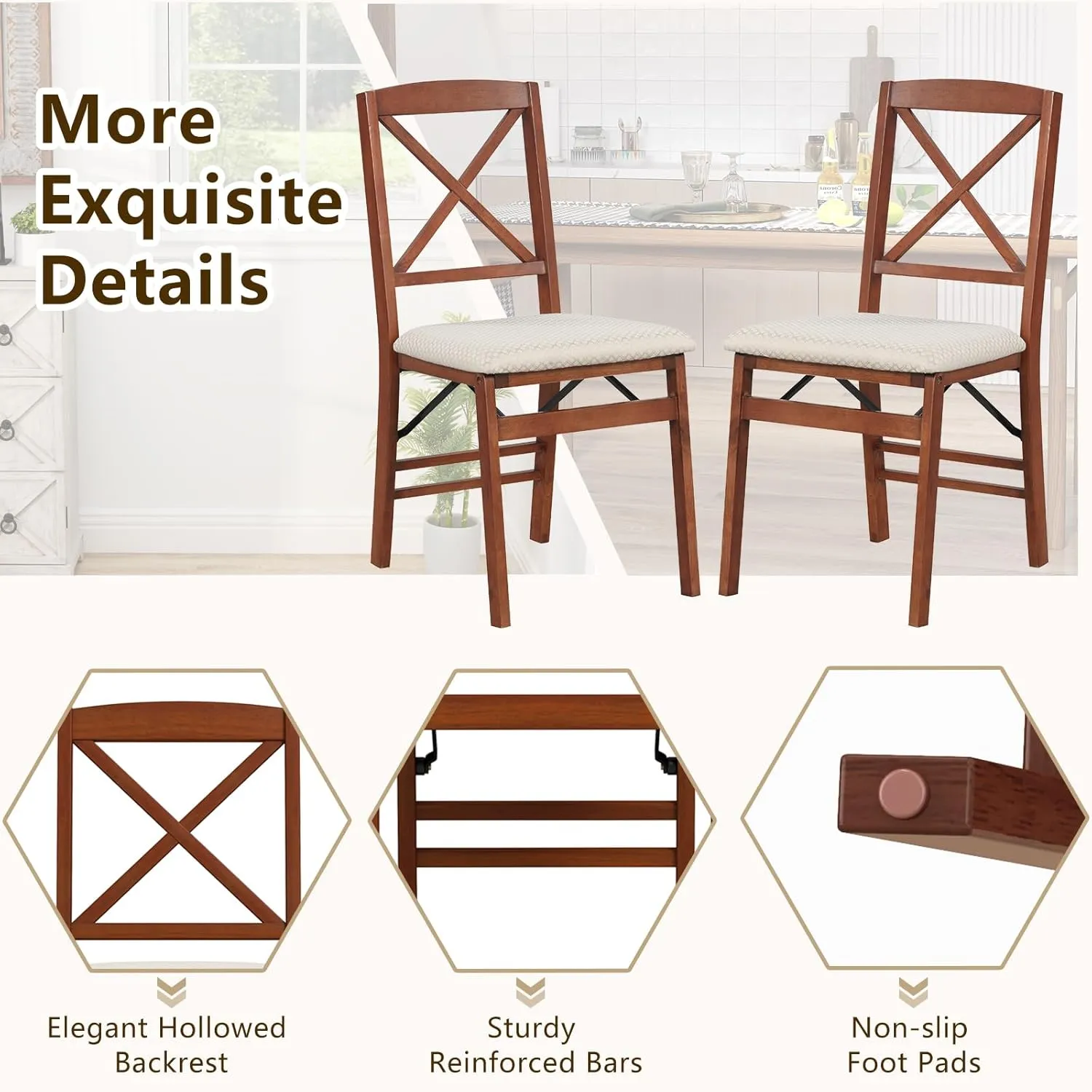 GOFLAME Folding Dining Chairs Set of 4, Foldable Chairs with Padded Seat & High Backrest, 4 Pack Kitchen Chairs, Wooden Dining Chairs for Living Room, Kitchen, Restaurant