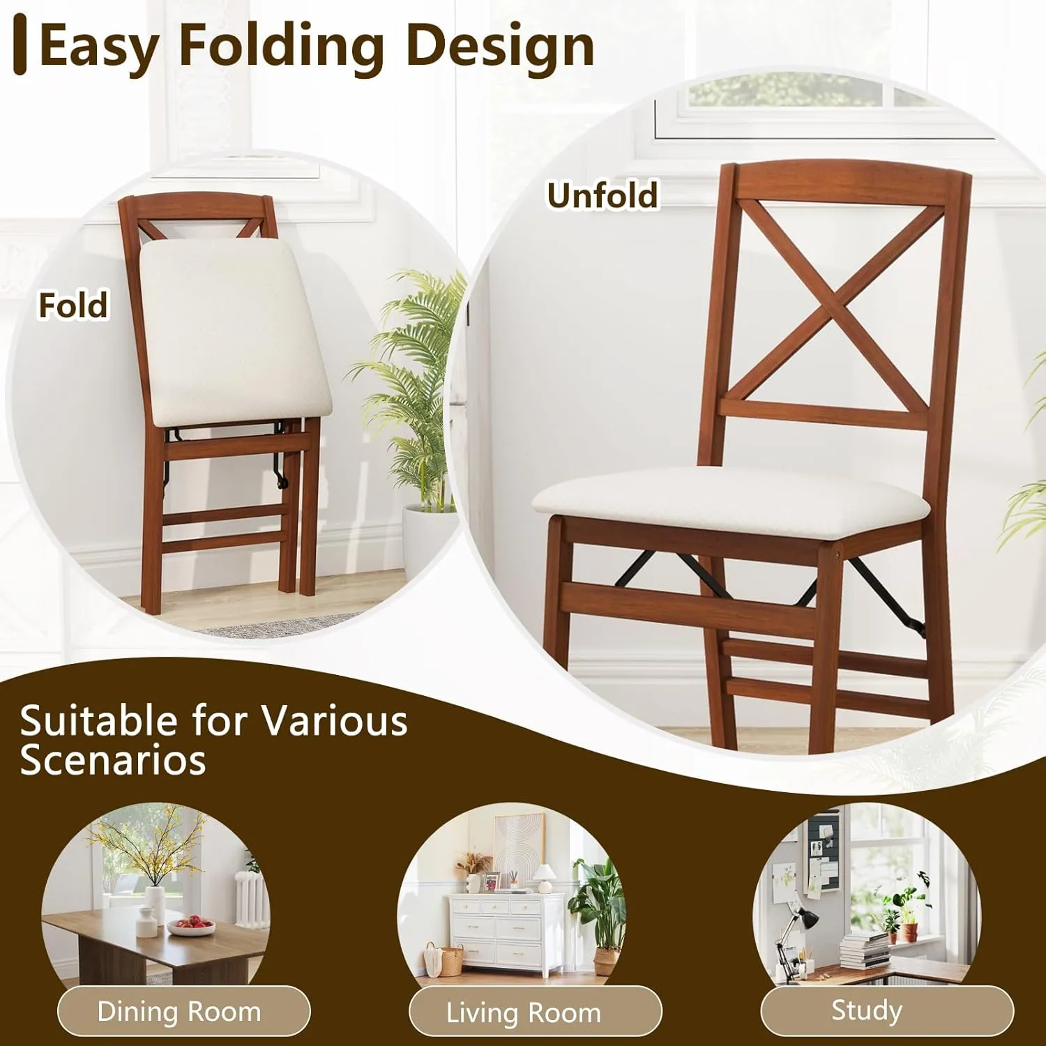 GOFLAME Folding Dining Chairs Set of 4, Foldable Chairs with Padded Seat & High Backrest, 4 Pack Kitchen Chairs, Wooden Dining Chairs for Living Room, Kitchen, Restaurant