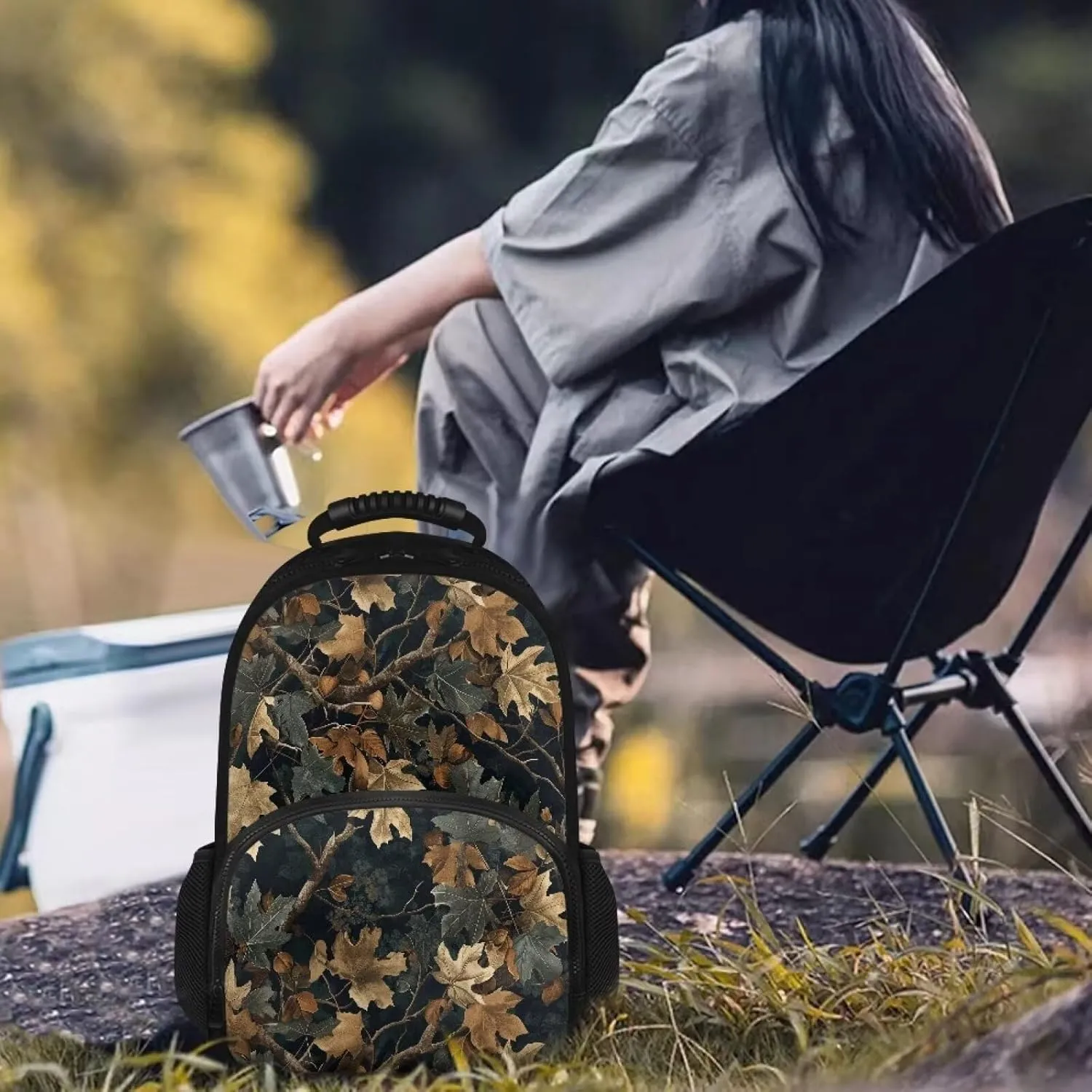 Gomyblomy 17 Inch Travel Backpack for Men Women Leaf Print Hiking Camping Backpack Cooler Insulated Lunchbox Backpack for Travel Lightweight Rucksack Knapsack