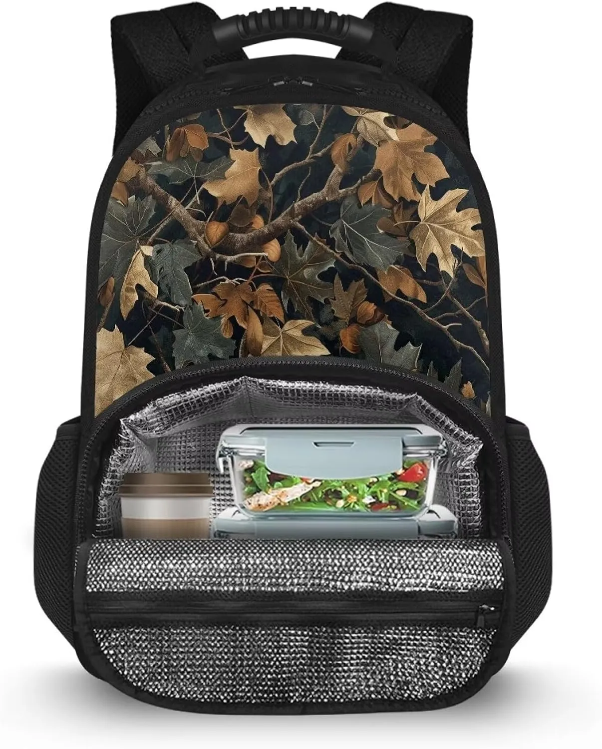 Gomyblomy 17 Inch Travel Backpack for Men Women Leaf Print Hiking Camping Backpack Cooler Insulated Lunchbox Backpack for Travel Lightweight Rucksack Knapsack
