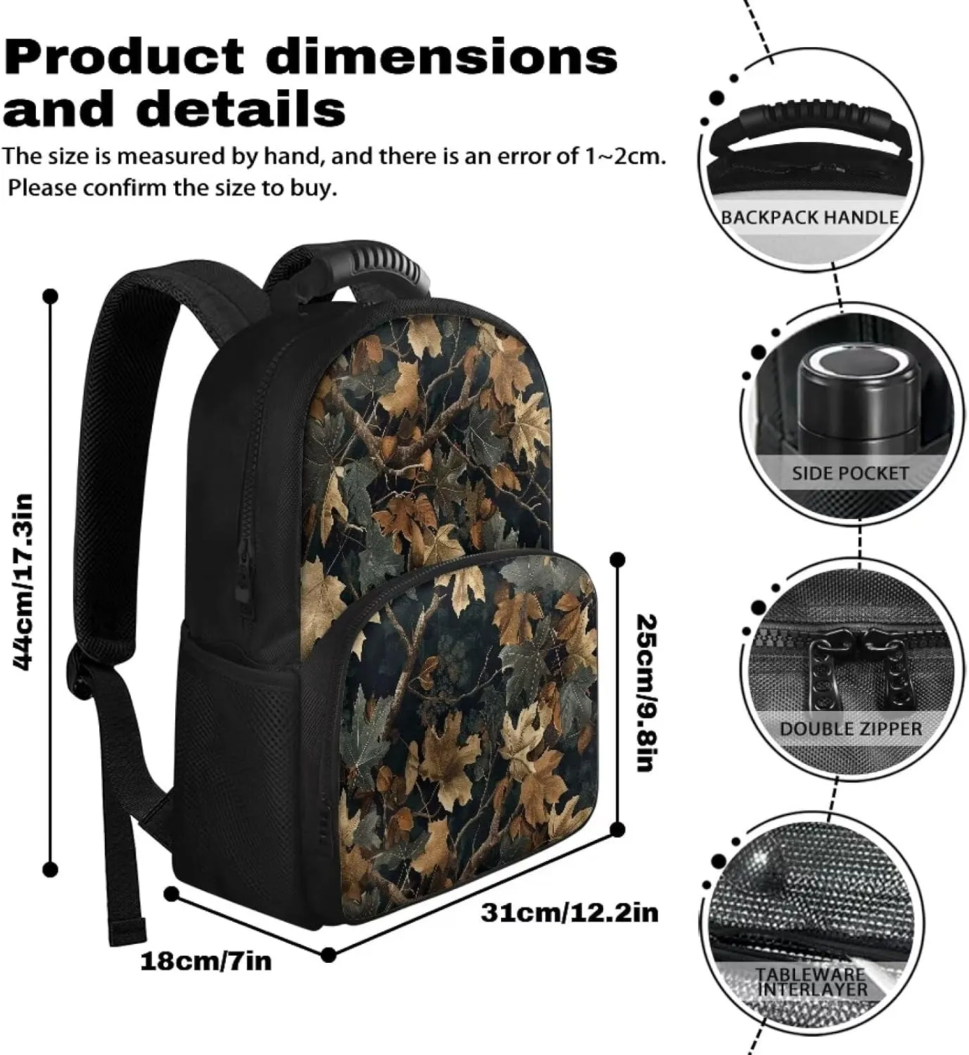 Gomyblomy 17 Inch Travel Backpack for Men Women Leaf Print Hiking Camping Backpack Cooler Insulated Lunchbox Backpack for Travel Lightweight Rucksack Knapsack