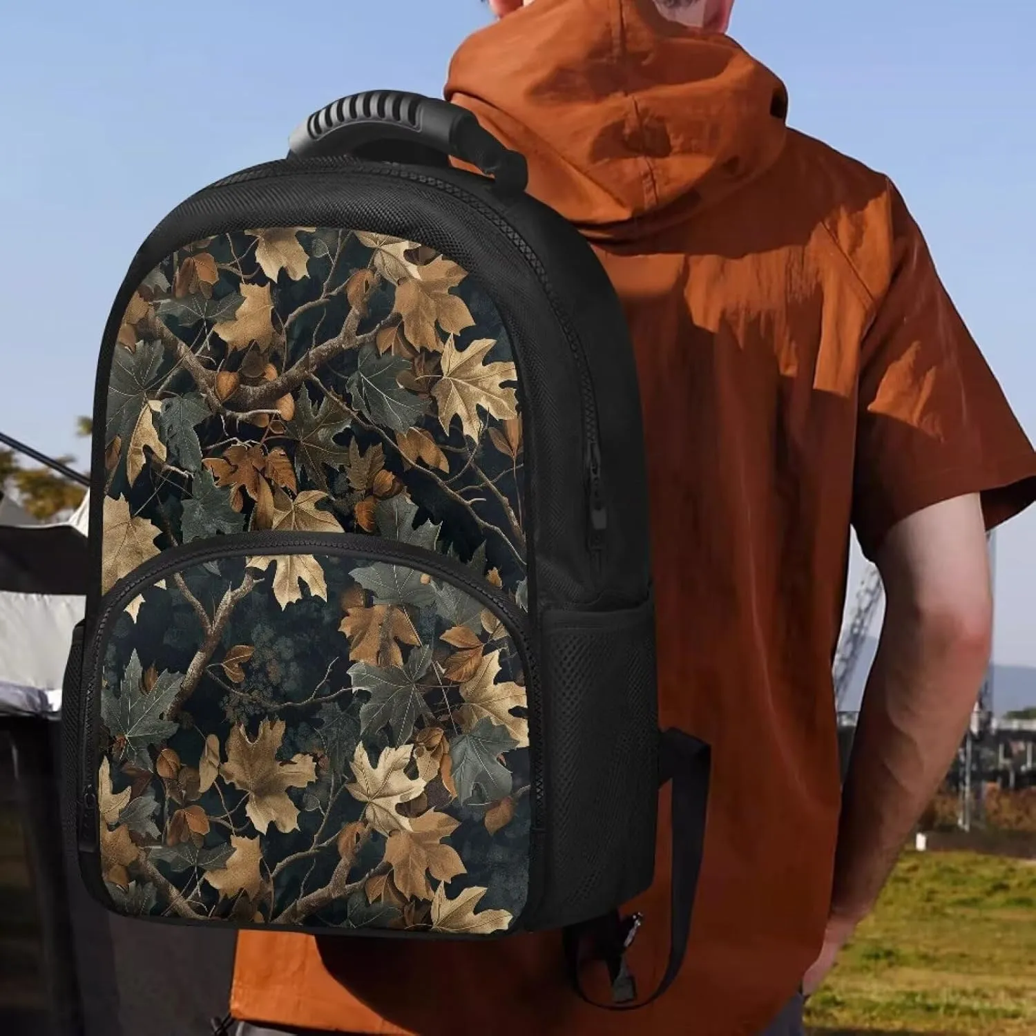Gomyblomy 17 Inch Travel Backpack for Men Women Leaf Print Hiking Camping Backpack Cooler Insulated Lunchbox Backpack for Travel Lightweight Rucksack Knapsack