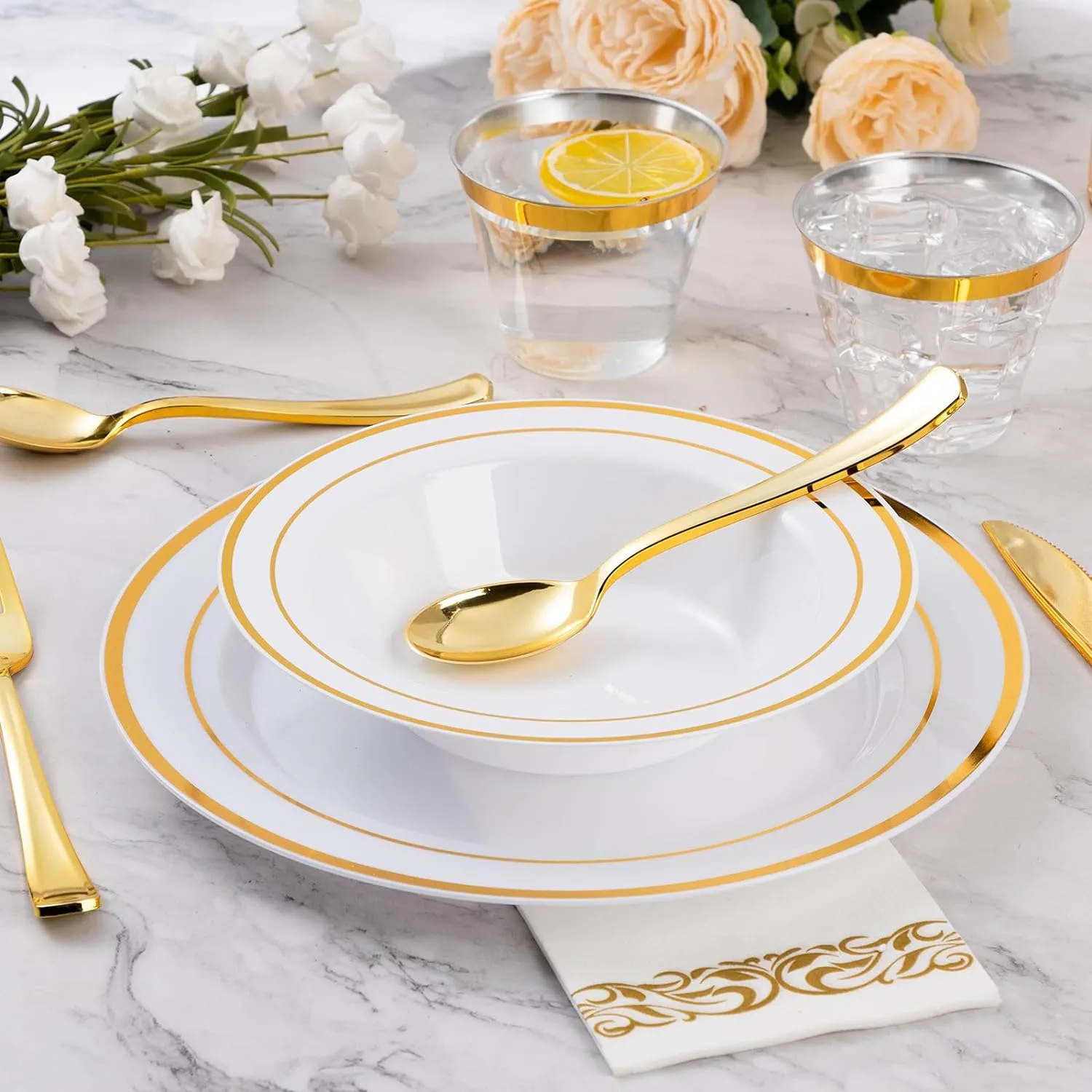 Goodluck 100 Pack Plastic Bowls with Gold Rim, 12oz Disposable Soup Bowls, Heavy Duty Dessert Bowls for Weddings, Parties, Dinners, Catering, Thanksgiving and Everyday Use