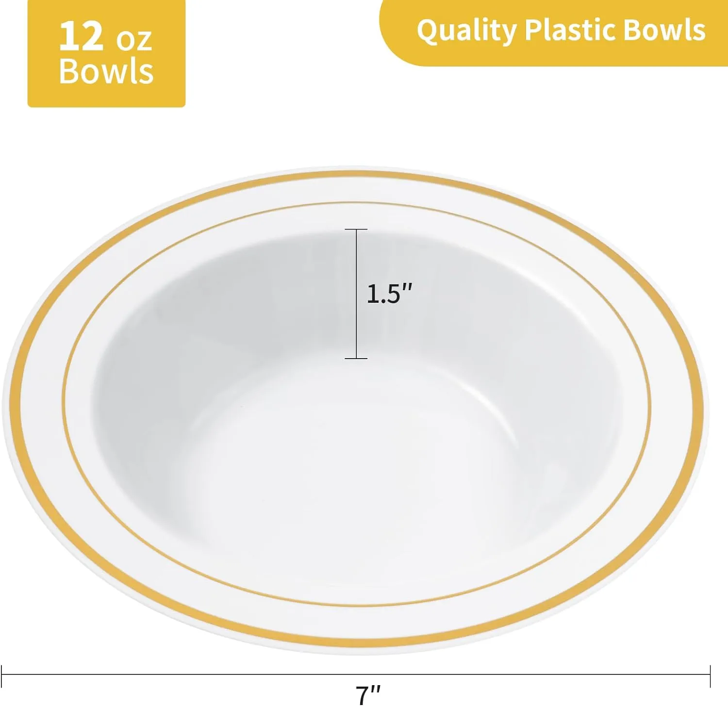 Goodluck 100 Pack Plastic Bowls with Gold Rim, 12oz Disposable Soup Bowls, Heavy Duty Dessert Bowls for Weddings, Parties, Dinners, Catering, Thanksgiving and Everyday Use